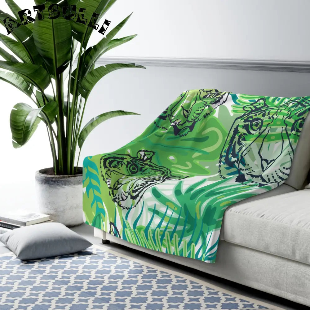 JAKKOUTTHEBXX Tropical Jungle Tigers Green Sherpa Fleece Blanket