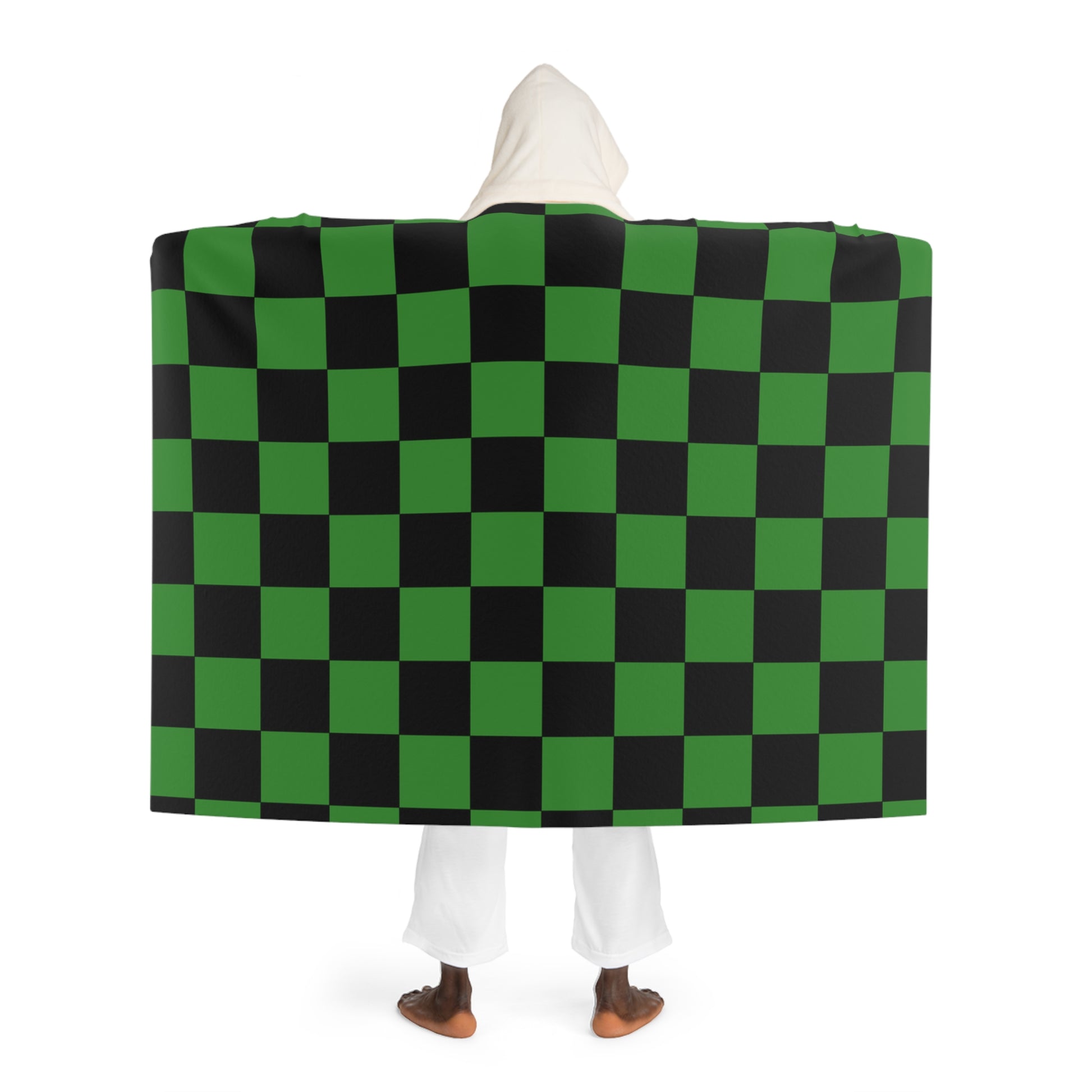 Checkerboard Green and Black Hooded Sherpa Fleece Blanket, Artsulli - Art is Long, Life is Short, All Over Prints, , , , , , , 