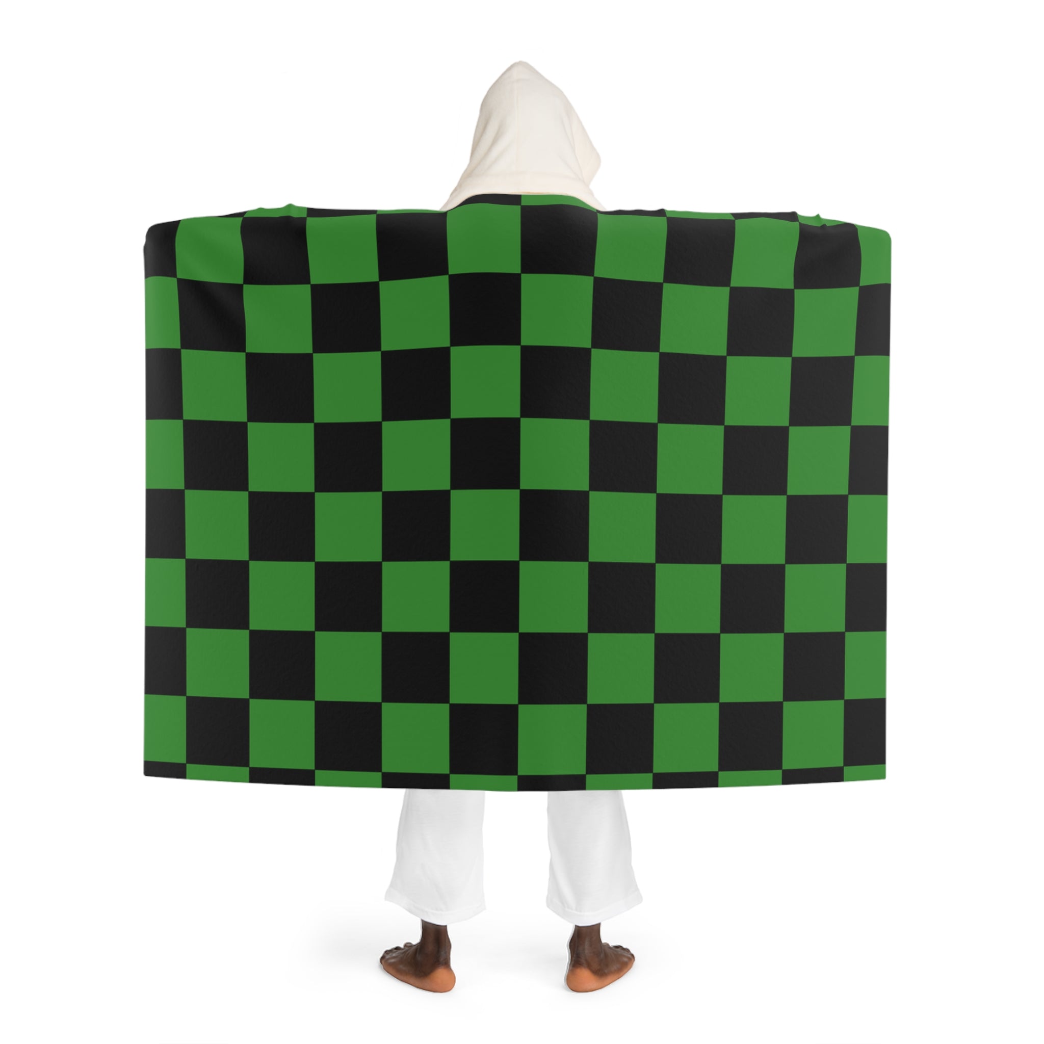 Checkerboard Green and Black Hooded Sherpa Fleece Blanket, Artsulli - Art is Long, Life is Short, All Over Prints, , , , , , , 