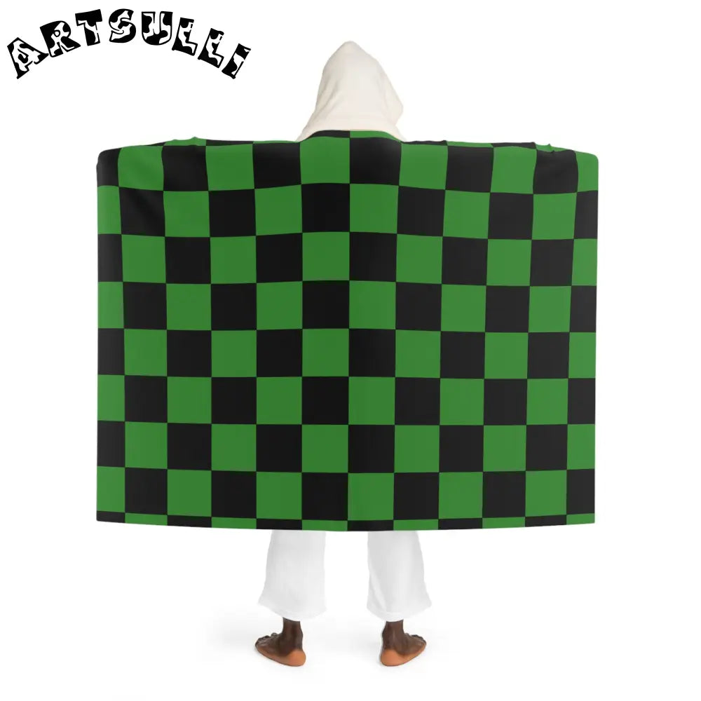JAKKOUTTHEBXX Checkerboard Green and Black Hooded Sherpa Fleece
