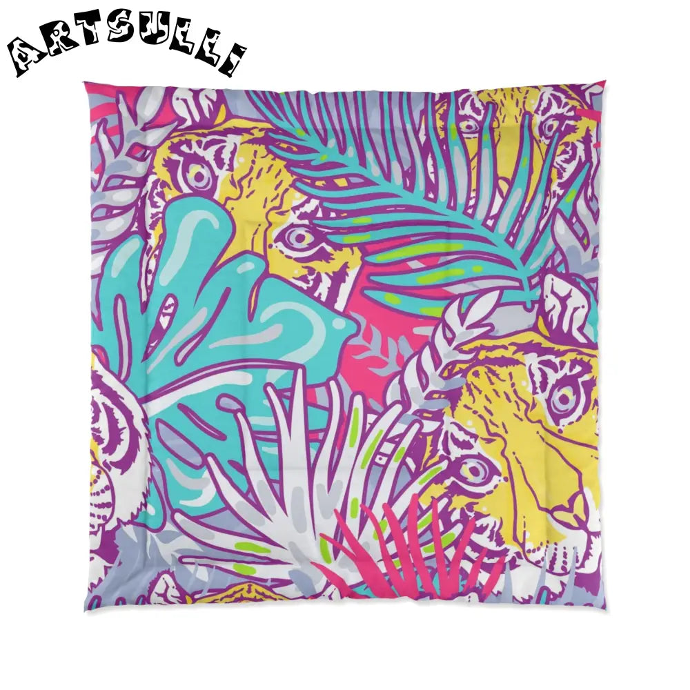 JAKKOUTTHEBXX Tropical Floral Tigers Torquise and Purple Comforter