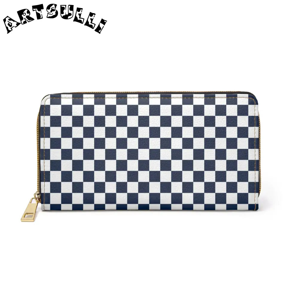 JAKKOUTTHEBXX Checkerboard II White and Navy Blue Zipper Wallet