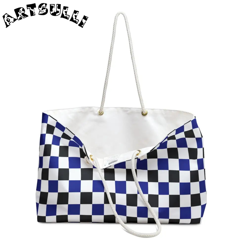 JAKKOUTTHEBXX Checkerboard Blue White and Black Weekender Bag