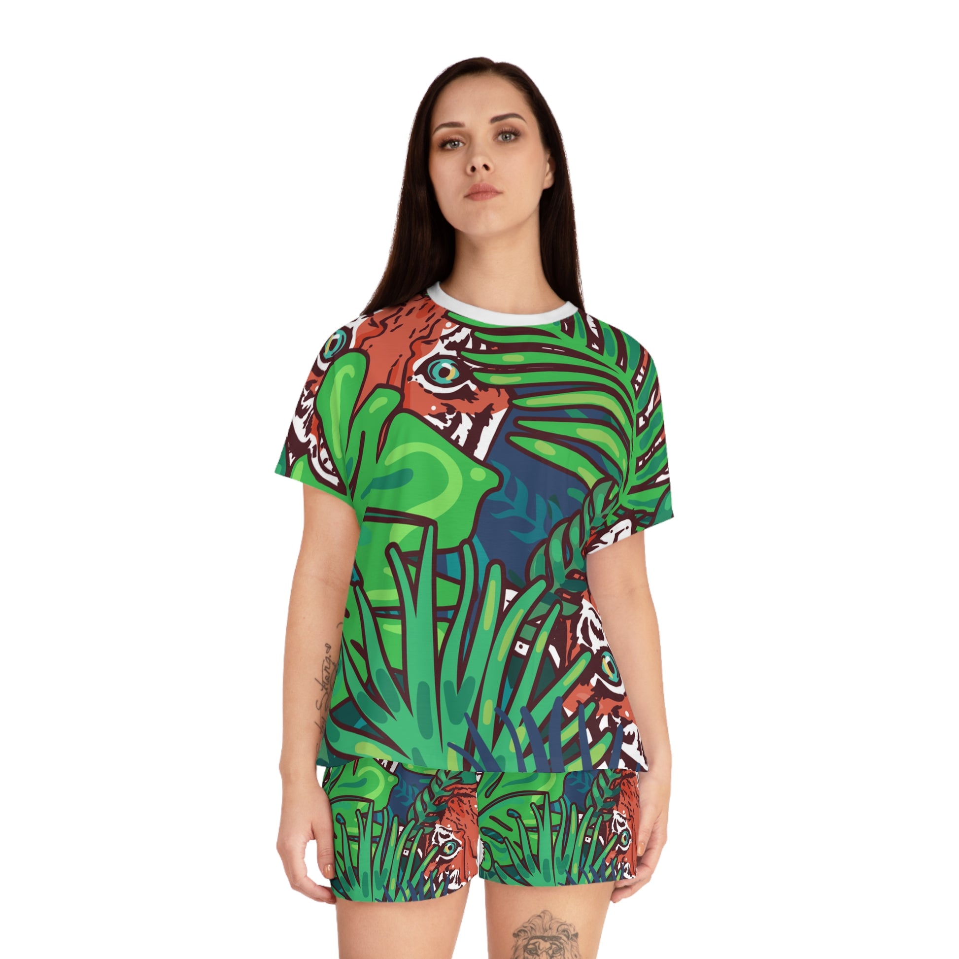 Tropical Jungle Tigers Blue and Green Women's Short Pajama Set (AOP), Artsulli - Art is Long, Life is Short, All Over Prints, , , , , , , 