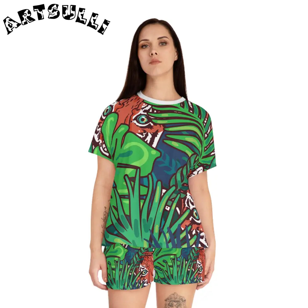 JAKKOUTTHEBXX Tropical Jungle Tigers Blue and Green Women’s Short