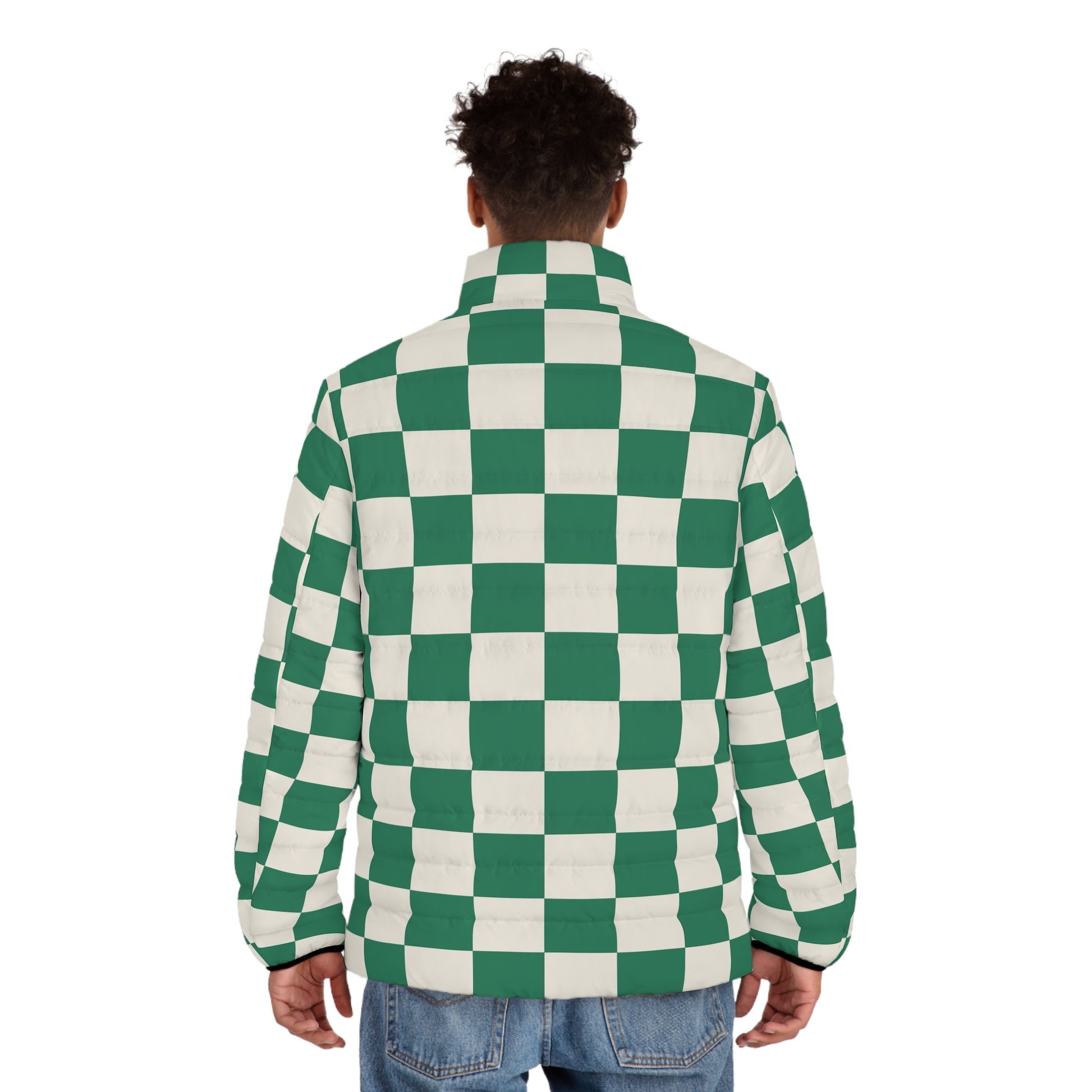 Checkerboard Dark Green Men's Puffer Jacket (AOP), Artsulli - Art is Long, Life is Short, All Over Prints, , , , , , , 