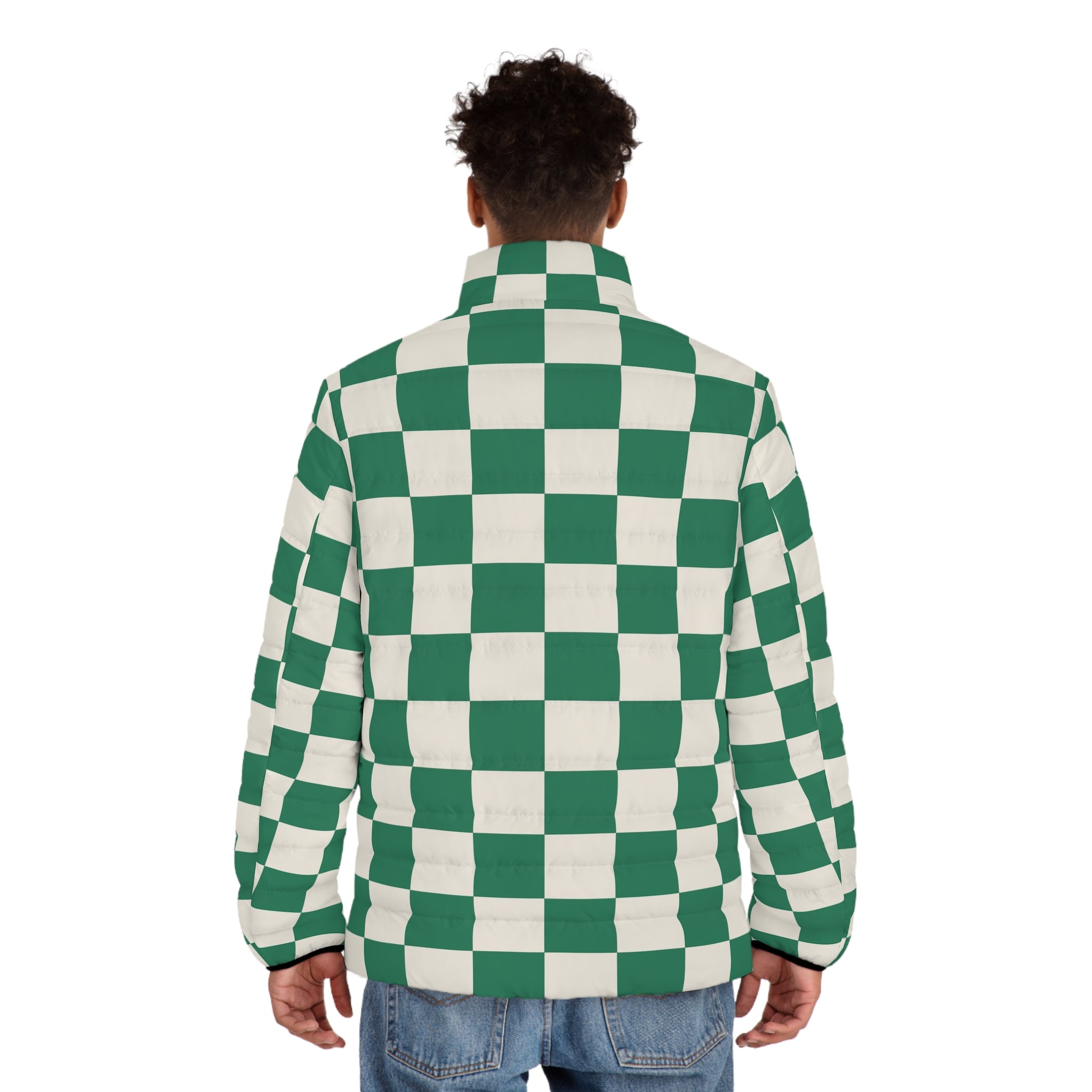 Checkerboard Dark Green Men's Puffer Jacket (AOP), Artsulli - Art is Long, Life is Short, All Over Prints, , , , , , , 