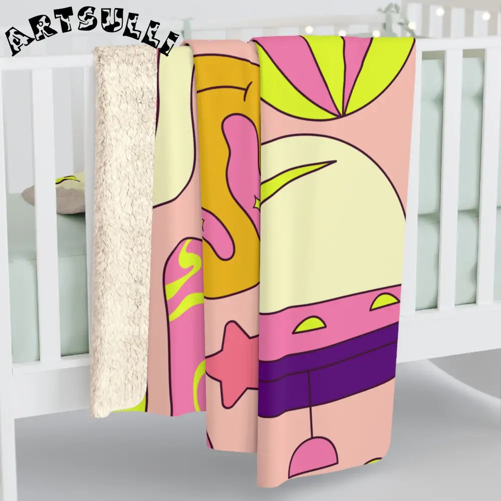 JAKKOUTTHEBXX Trippy Spaceships Pink Sherpa Fleece Blanket