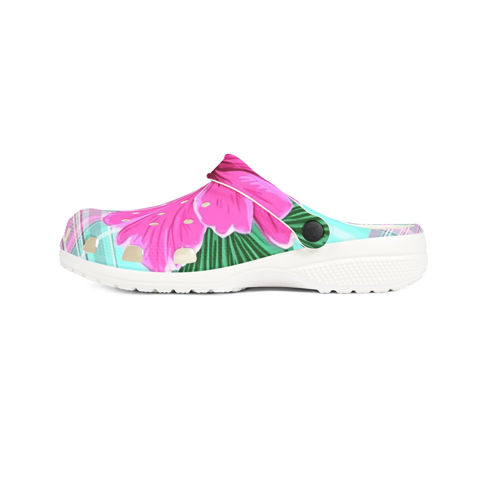 Plaid Hibiscus Pink and Yellow EVA Foam Rubber Shoes (AOP), Artsulli - Art is Long, Life is Short, Shoes, , , , , , , 