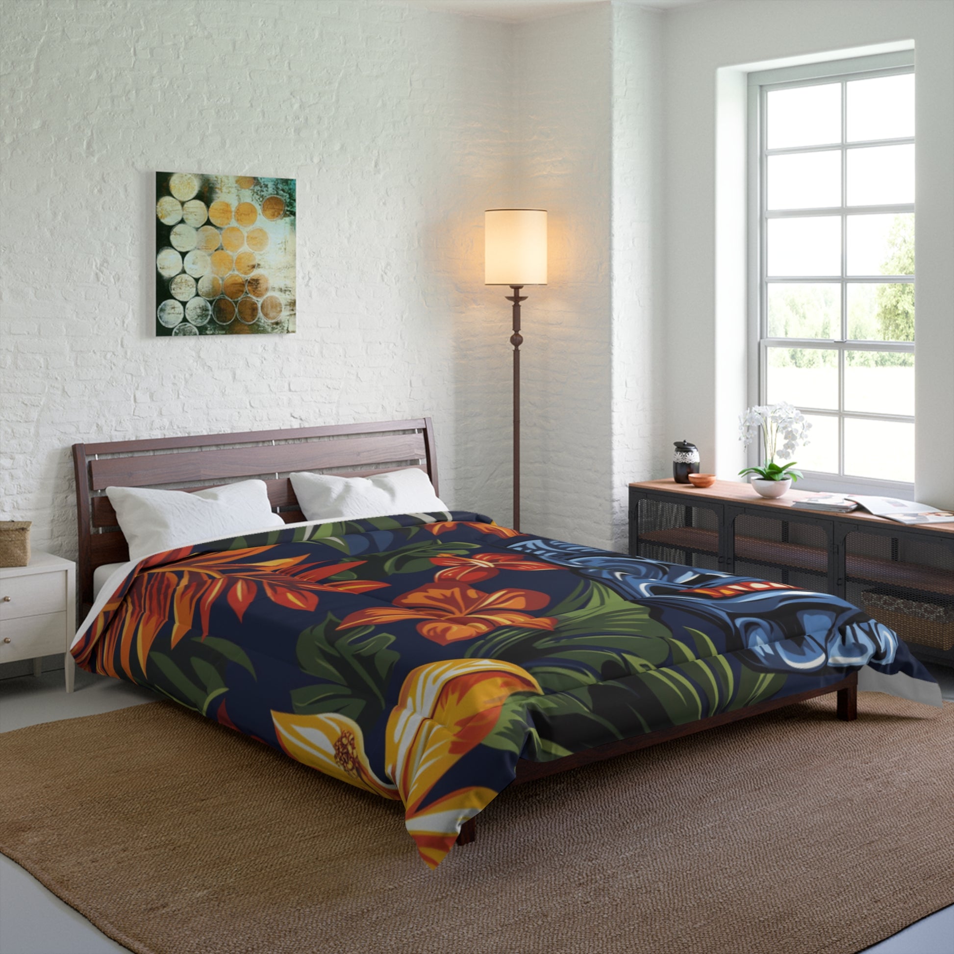 Tiki Bloom Navy Comforter, Artsulli - Art is Long, Life is Short, Home Decor, , , , , , , 