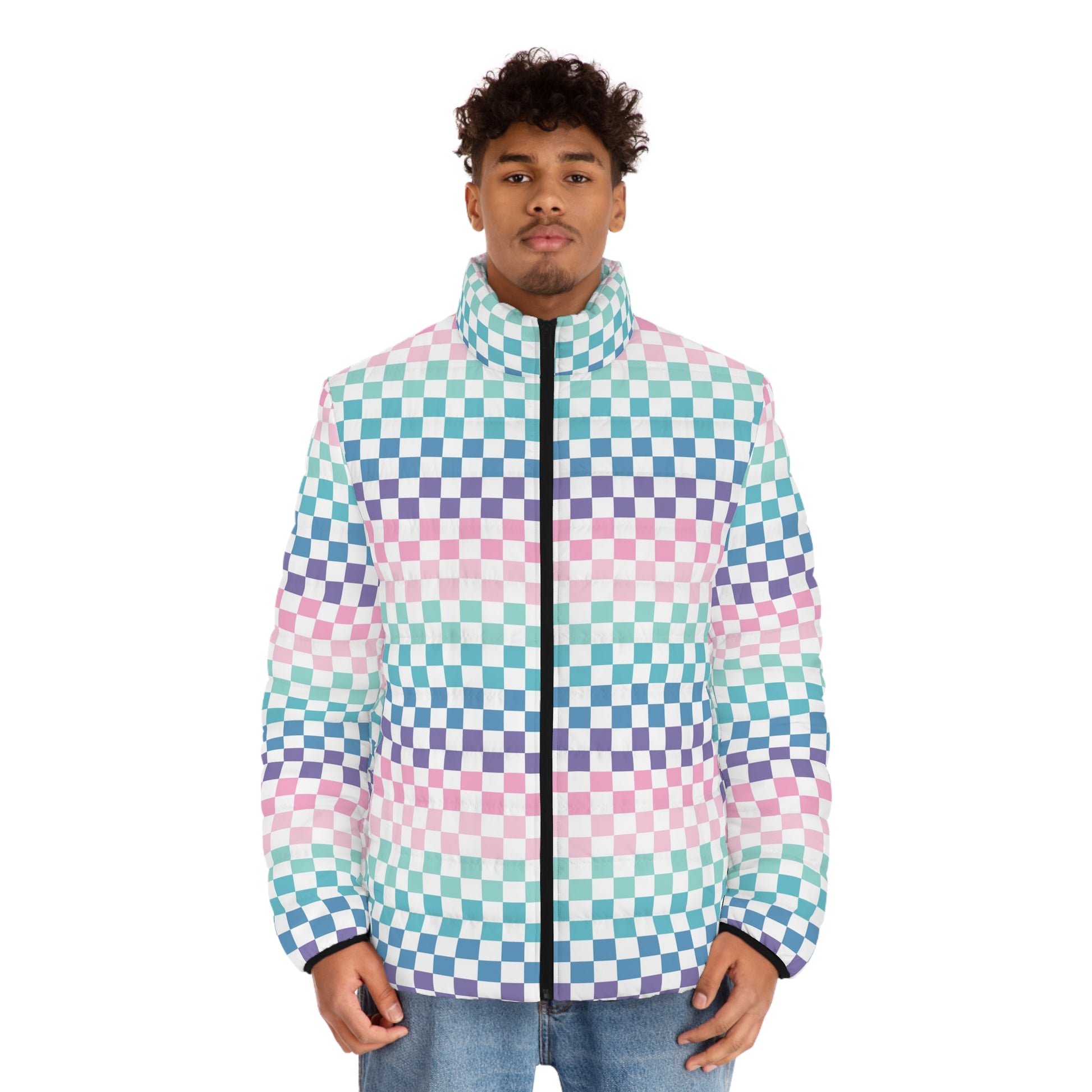 Vaporwave Rainbow  Checkerboard Multi-Color Men's Puffer Jacket (AOP), Artsulli - Art is Long, Life is Short, All Over Prints, , , , , , , 