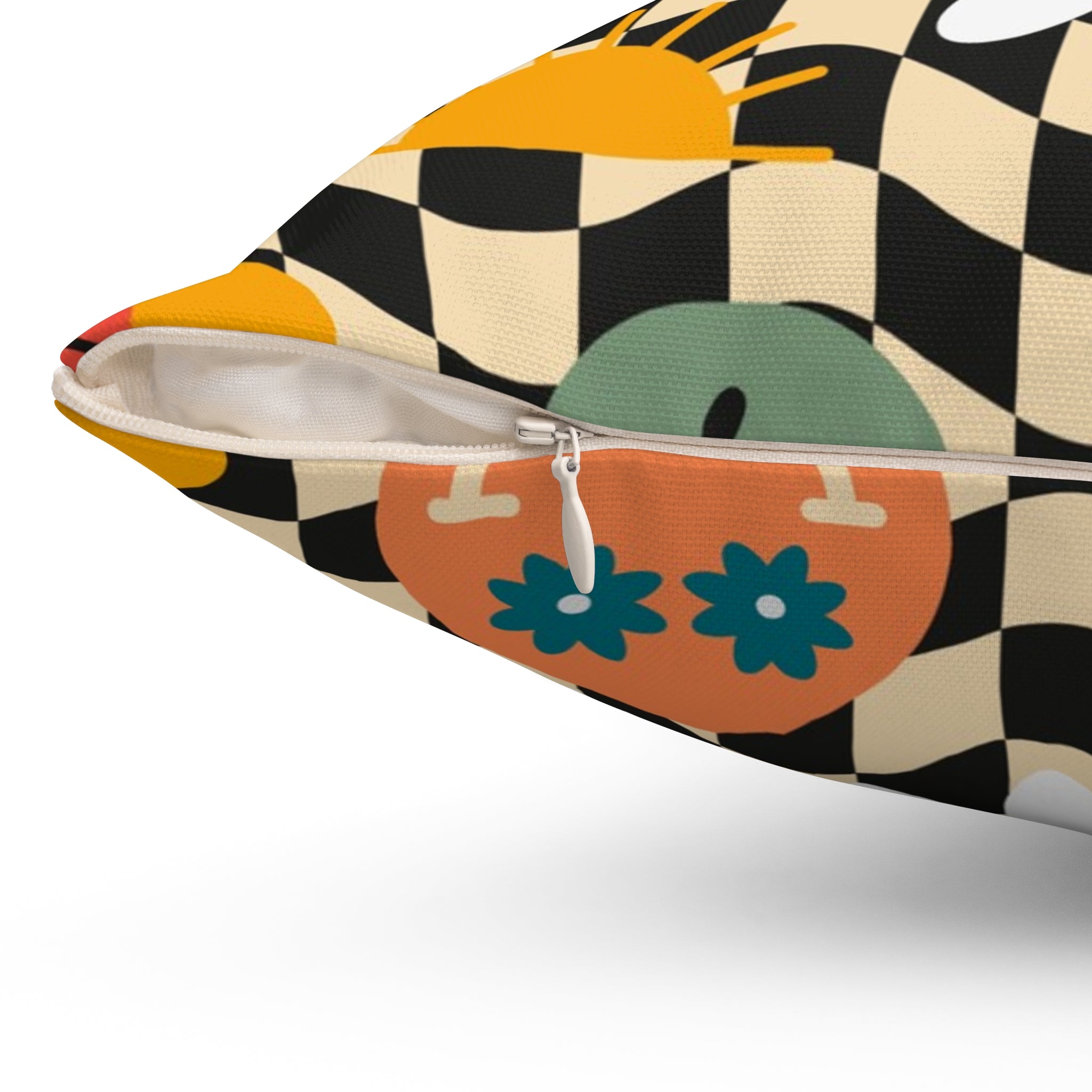 Trippy x Wavy Checkerboard x Smiley Face x Rainbow x Flowers Multi-Color Spun Polyester Square Pillow, Artsulli - Art is Long, Life is Short, Home Decor, , , , , , , 