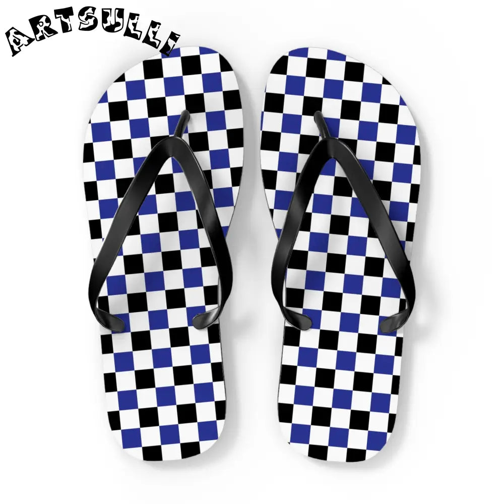 JAKKOUTTHEBXX Checkerboard Blue White and Black Flip Flops