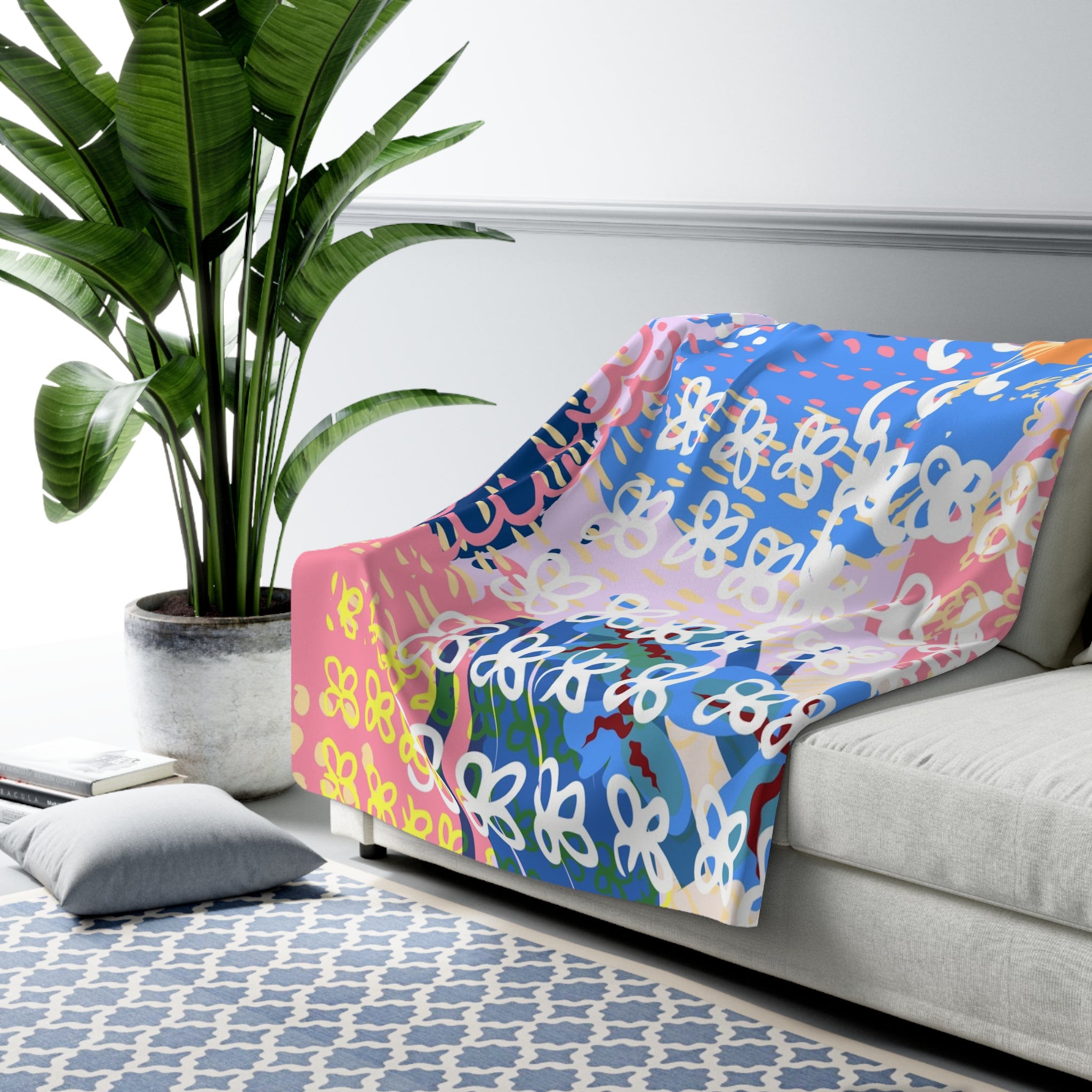 Flowers x Doodles x Hearts Multi-Color Sherpa Fleece Blanket, Artsulli - Art is Long, Life is Short, Home Decor, , , , , , , 