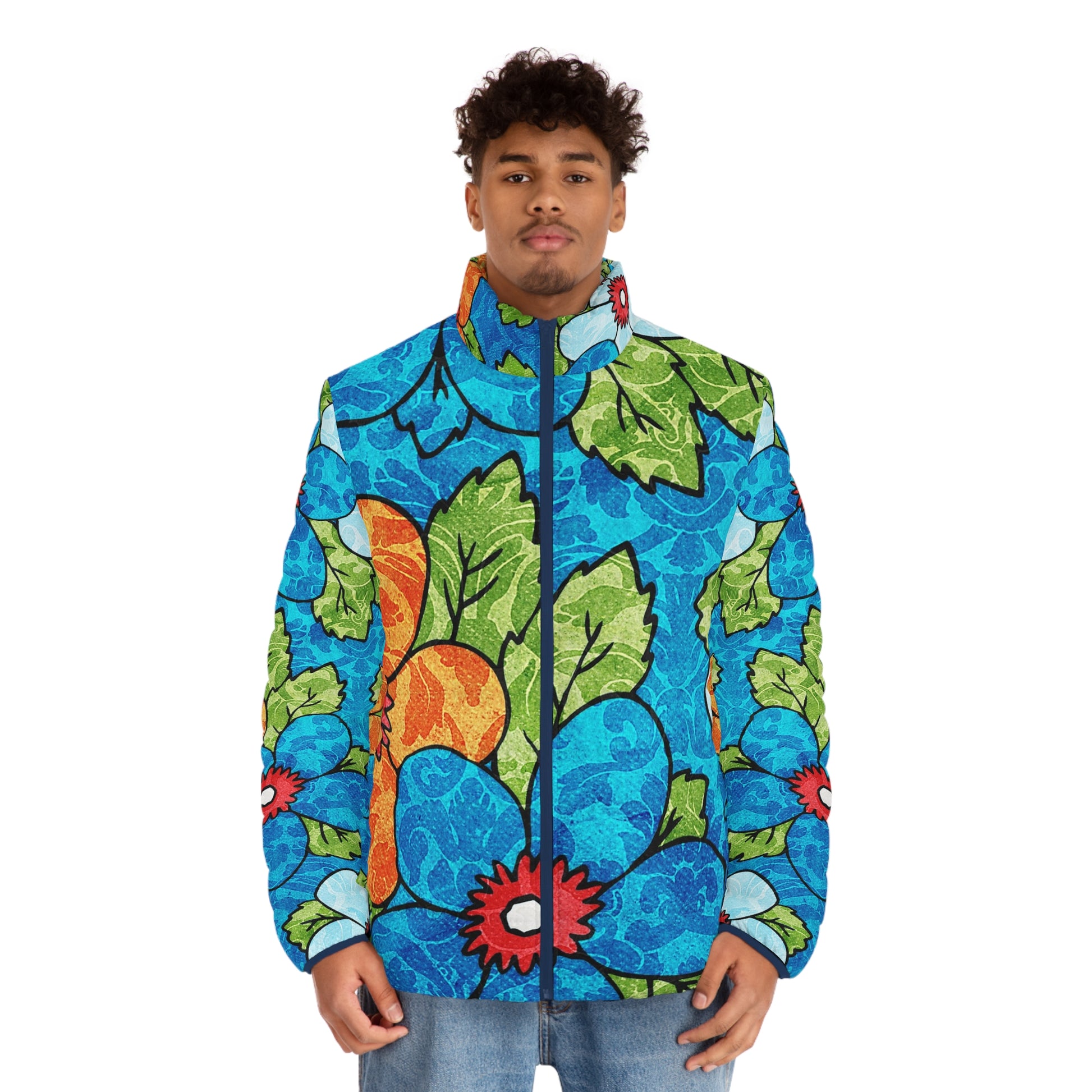 Blue Orange Groovy Men's Puffer Jacket (AOP), Artsulli - Art is Long, Life is Short, All Over Prints, , , , , , , 
