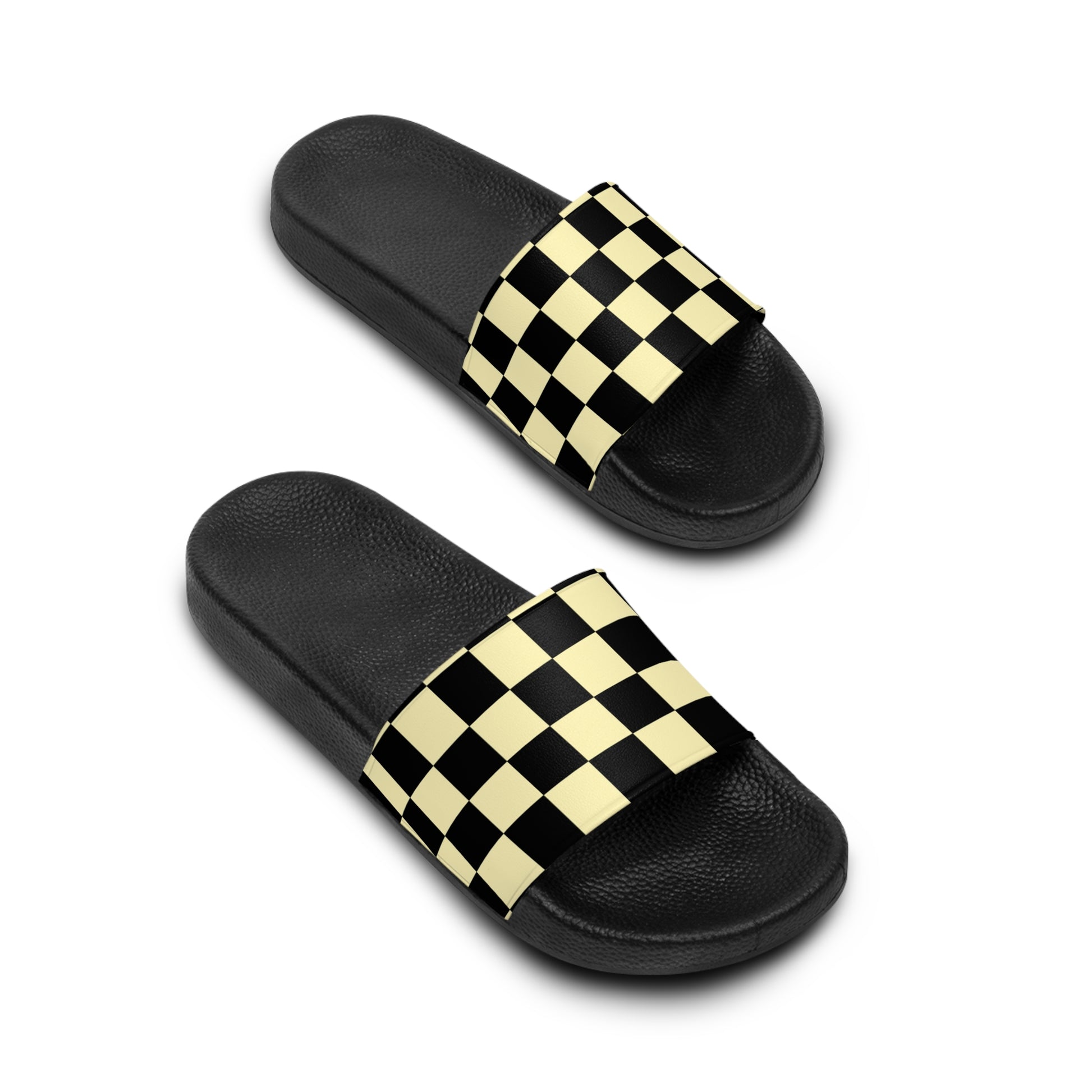 Short  Punchy Checkerboard Black and Yellow Women's Slide Sandals, Artsulli - Art is Long, Life is Short, Shoes, , , , , , , 
