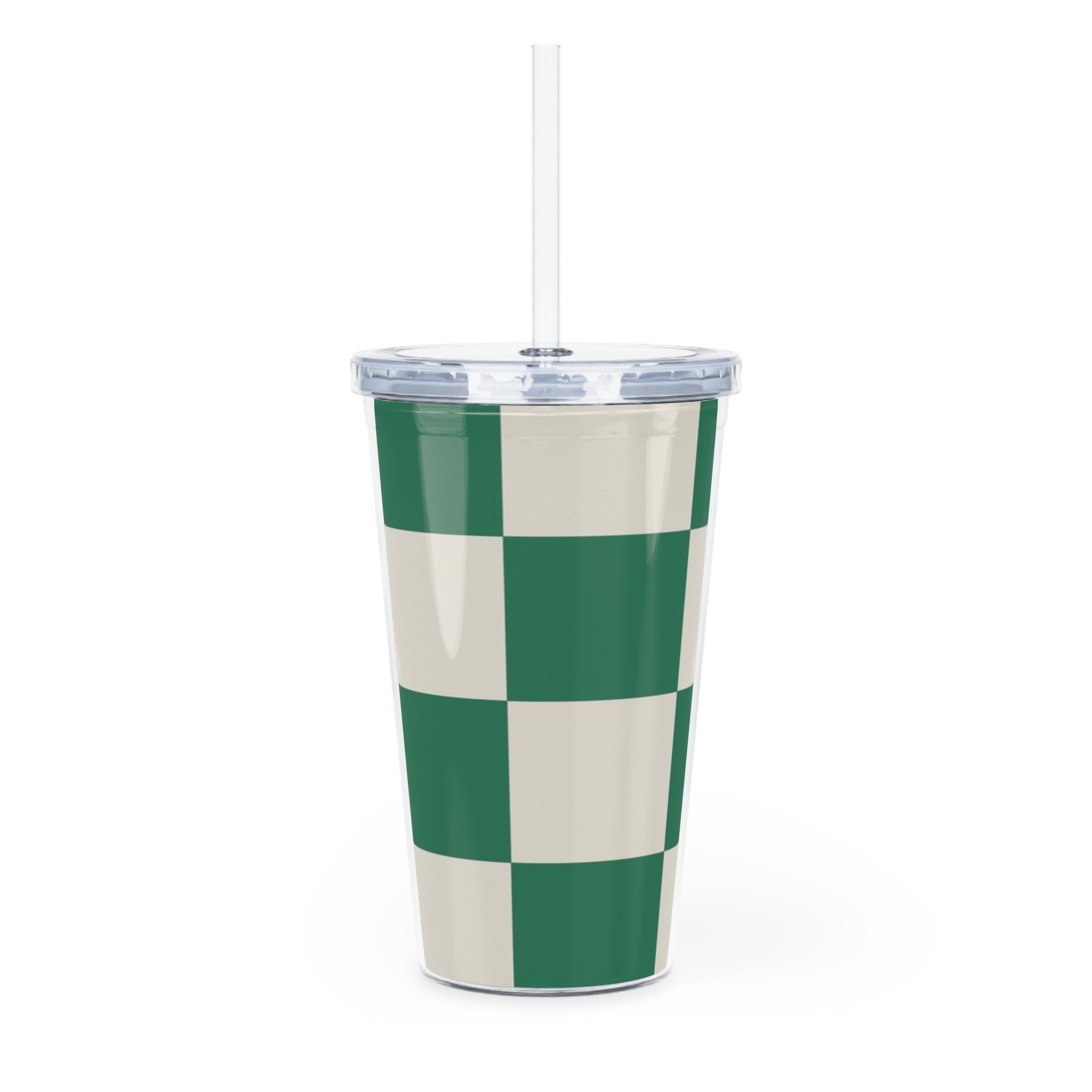 Checkerboard Dark Green Plastic Tumbler with Straw, Artsulli - Art is Long, Life is Short, Mug, , , , , , , 
