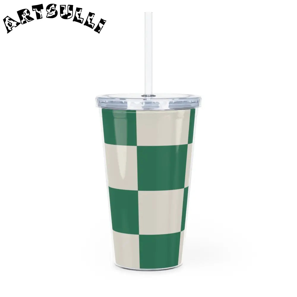 JAKKOUTTHEBXX Checkerboard Dark Green Plastic Tumbler with Straw
