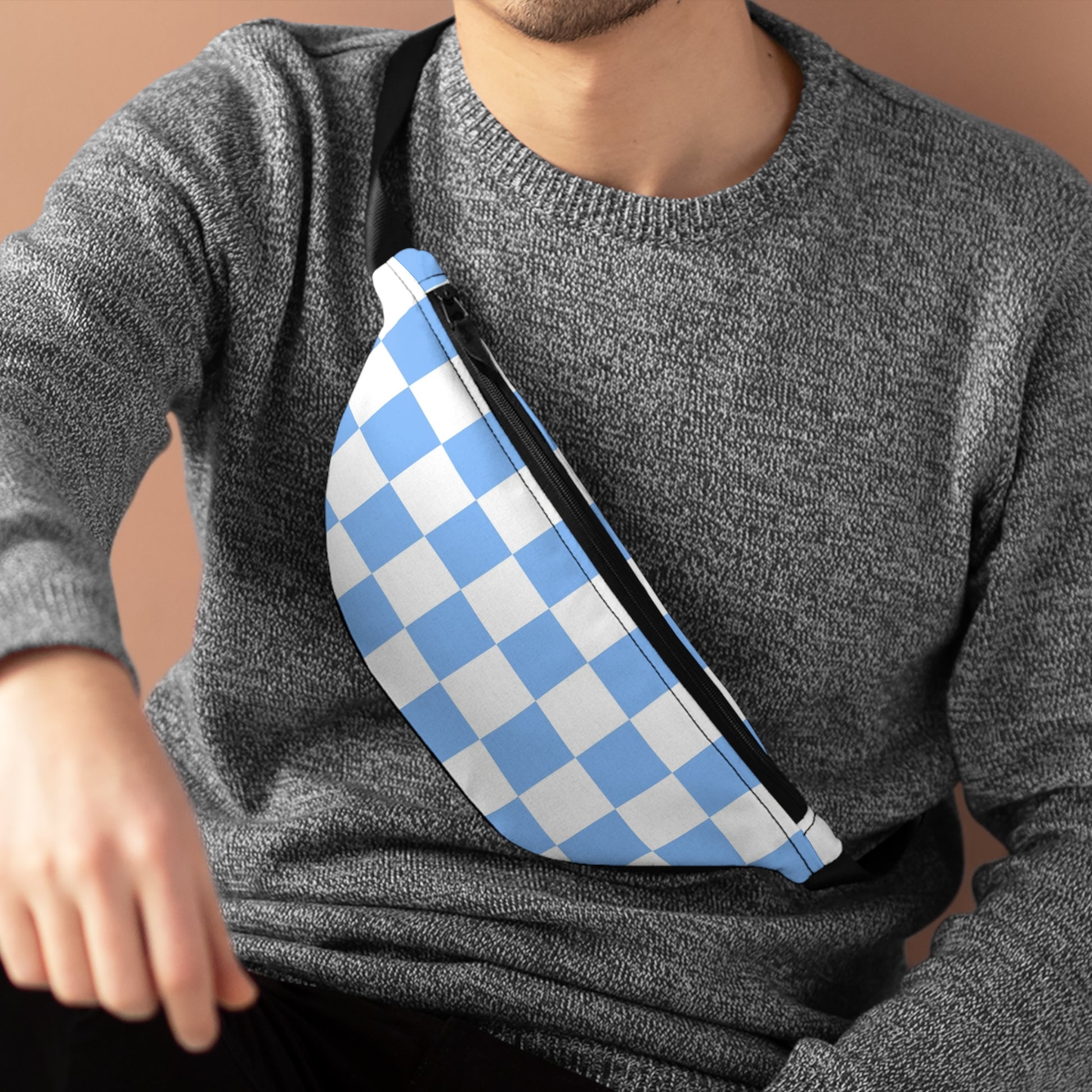 Checkerboard White and Light Blue Fanny Pack, Artsulli - Art is Long, Life is Short, Bags, , , , , , , 