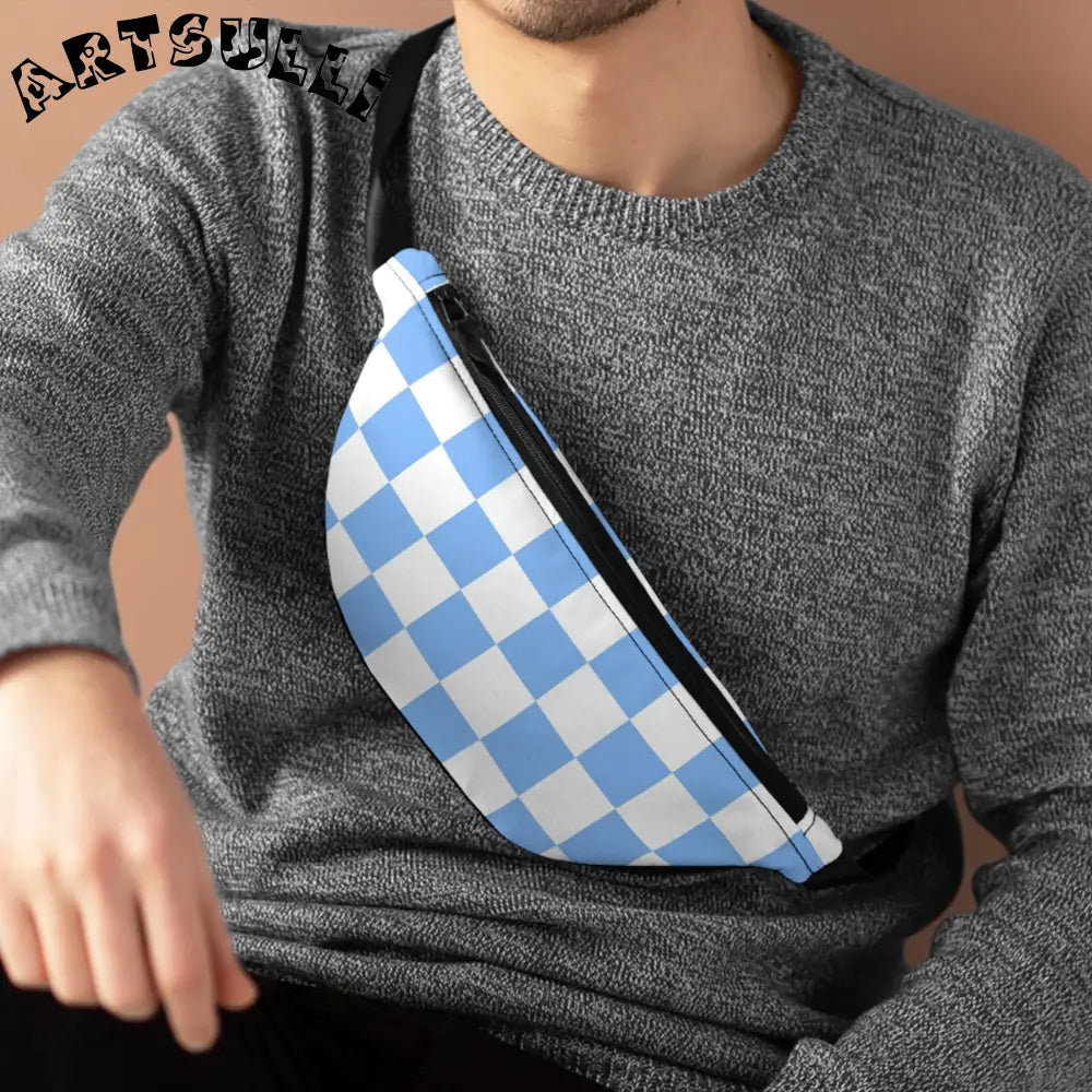 JAKKOUTTHEBXX Checkerboard White and Light Blue Fanny Pack