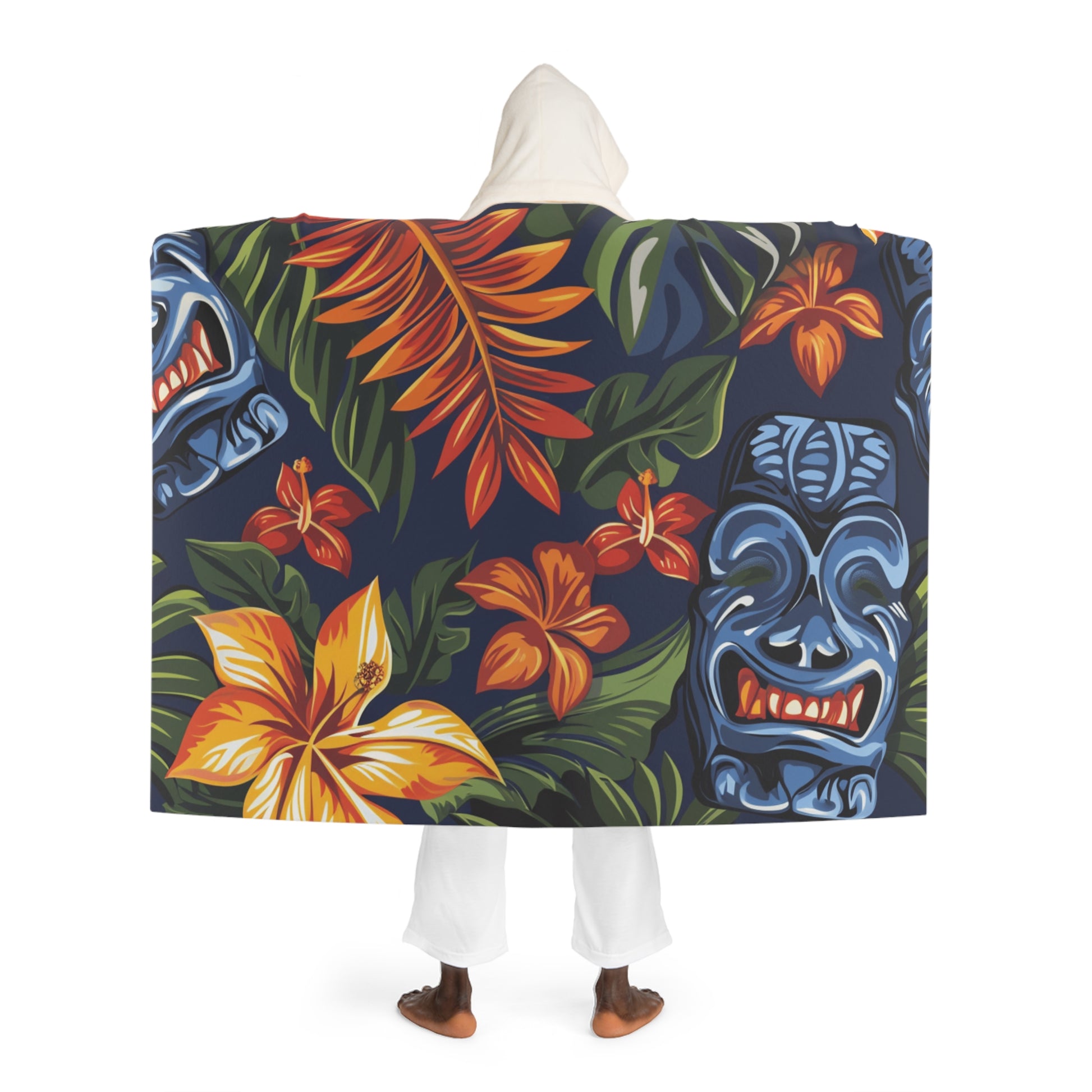 Tiki Bloom Navy Hooded Sherpa Fleece Blanket, Artsulli - Art is Long, Life is Short, All Over Prints, , , , , , , 