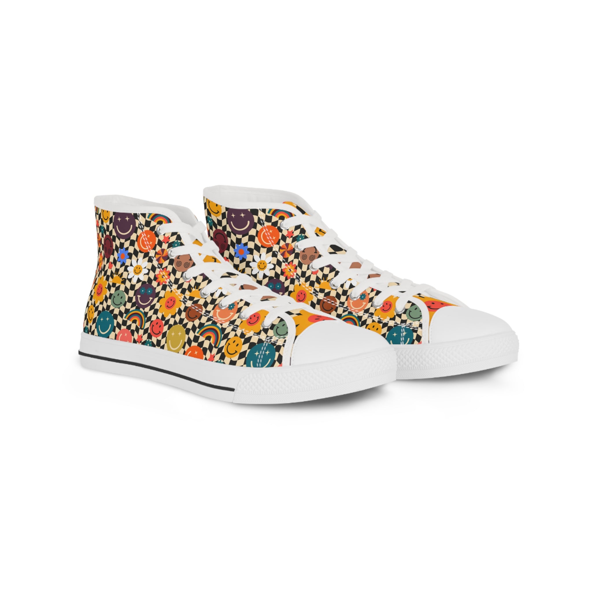Trippy x Wavy Checkerboard x Smiley Face x Rainbow x Flowers III Multi-Color Men's High Top Sneakers, Artsulli - Art is Long, Life is Short, Shoes, Size, US 5, Color, White sole, , , 26777814187157179043