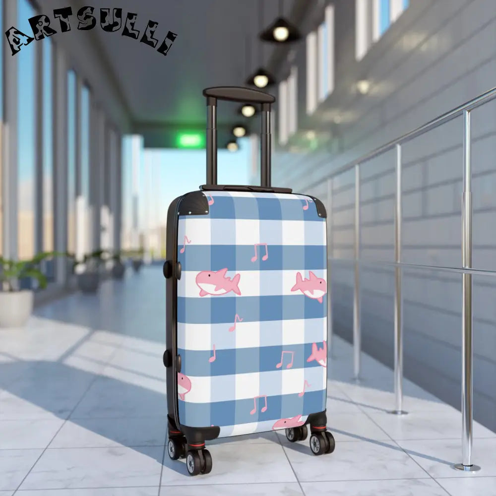 JAKKOUTTHEBXX Checkered Traveling Suitcase with Pink Sharks and Music Notes 2025