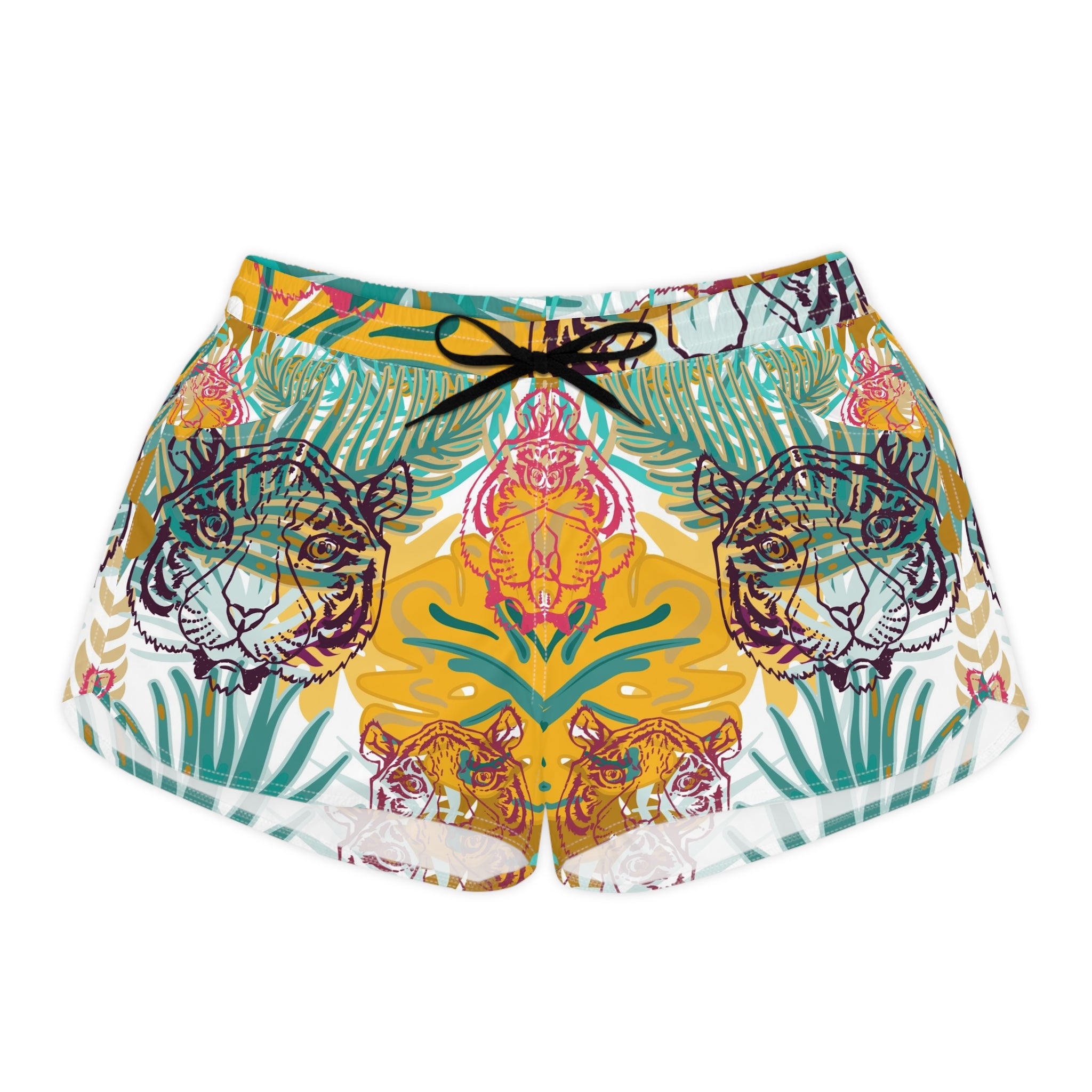 Tropical Jungle Tigers Green and Brown Women's Casual Shorts (AOP), Artsulli - Art is Long, Life is Short, All Over Prints, Size, S, Color, Black drawstring, , , 10259912992059846234