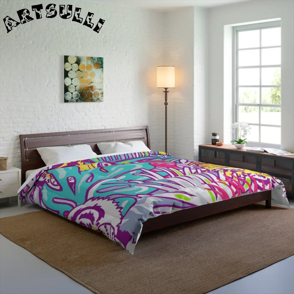 JAKKOUTTHEBXX Tropical Floral Tigers Torquise and Purple Comforter