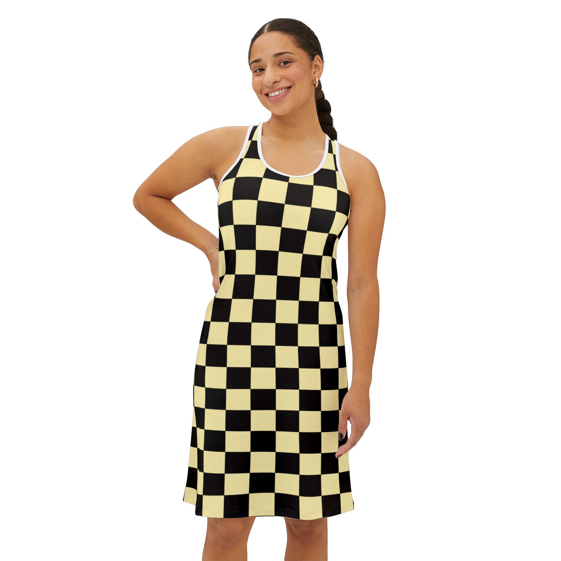 Checkerboard Black and Yellow Women's Racerback Dress (AOP), Artsulli - Art is Long, Life is Short, Tank Top, , , , , , , 