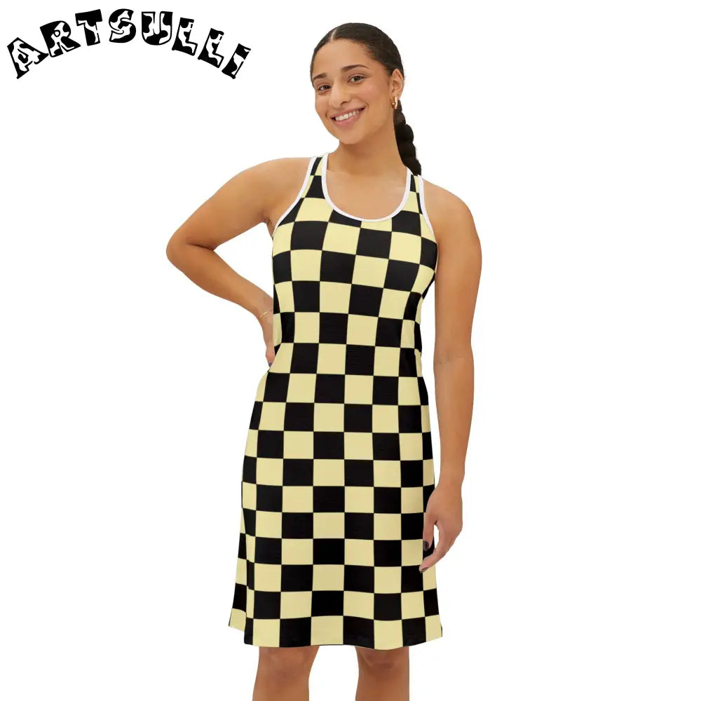 JAKKOUTTHEBXX Checkerboard Black and Yellow Women’s Racerback Dress
