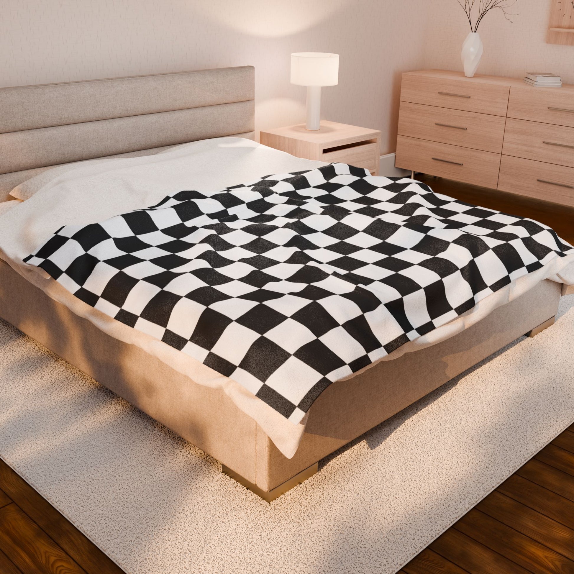 Checkerboard White and Black Velveteen Plush Blanket, Artsulli - Art is Long, Life is Short, All Over Prints, , , , , , , 