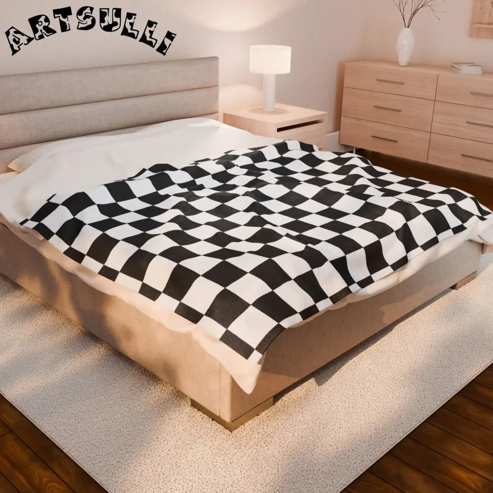 JAKKOUTTHEBXX Checkerboard White and Black Velveteen Plush Blanket