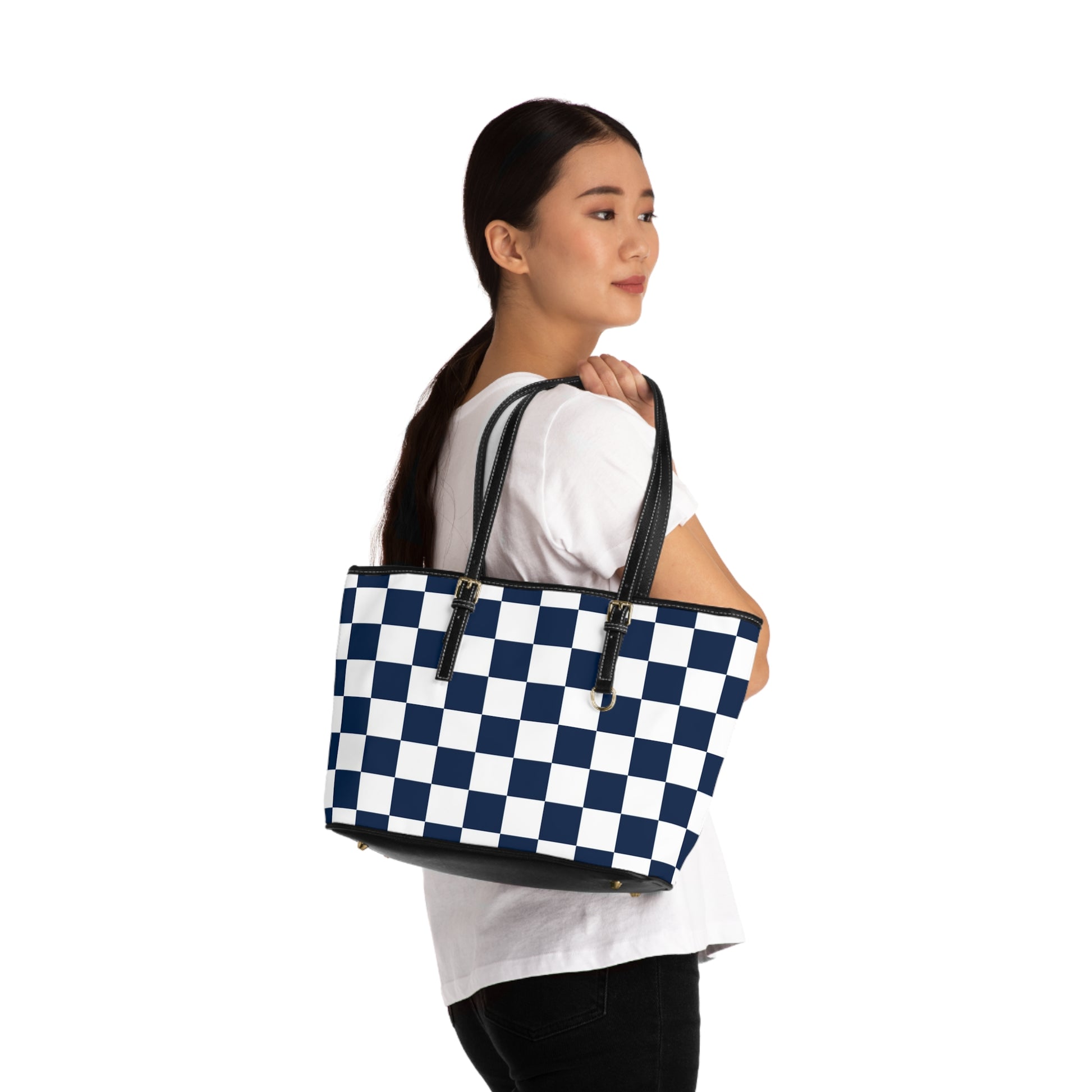 Checkerboard White and Navy Blue PU Leather Shoulder Bag, Artsulli - Art is Long, Life is Short, Bags, , , , , , , 
