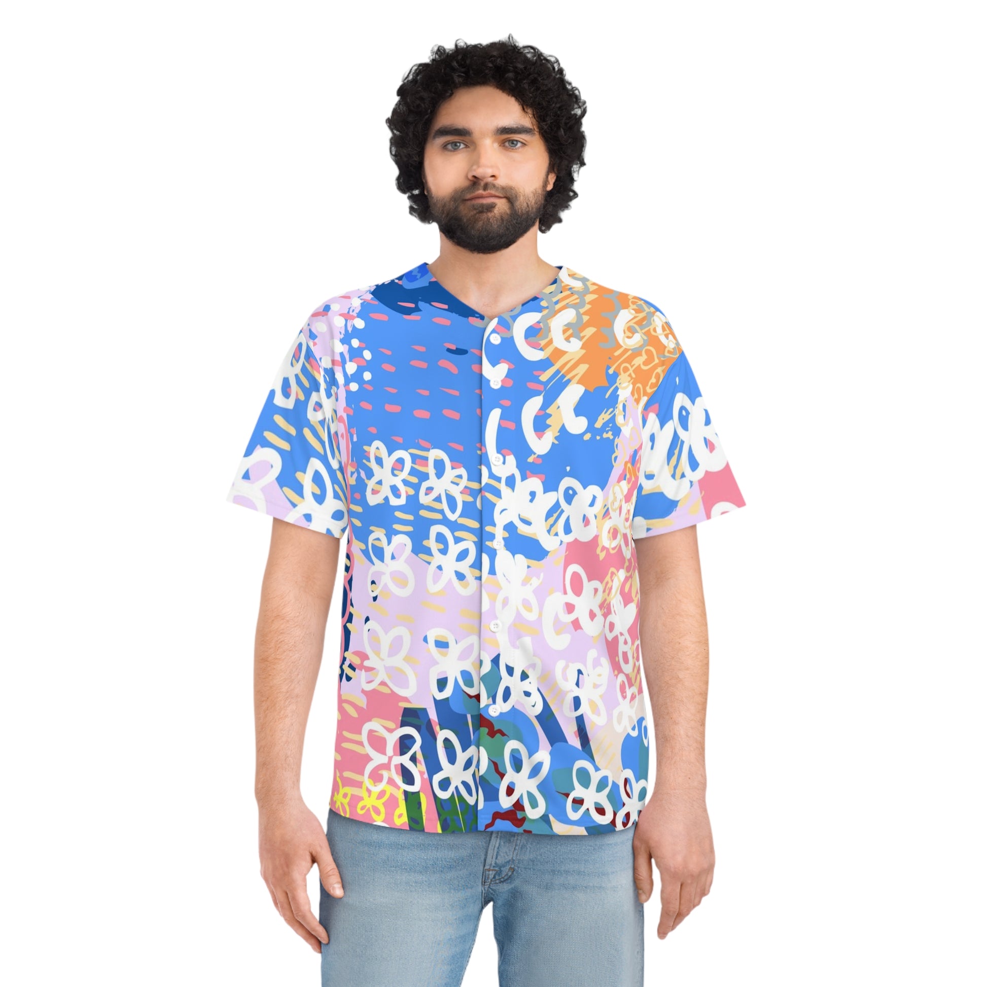 Flowers x Doodles x Hearts Multi-Color Men's Baseball Jersey (AOP), Artsulli - Art is Long, Life is Short, All Over Prints, , , , , , , 