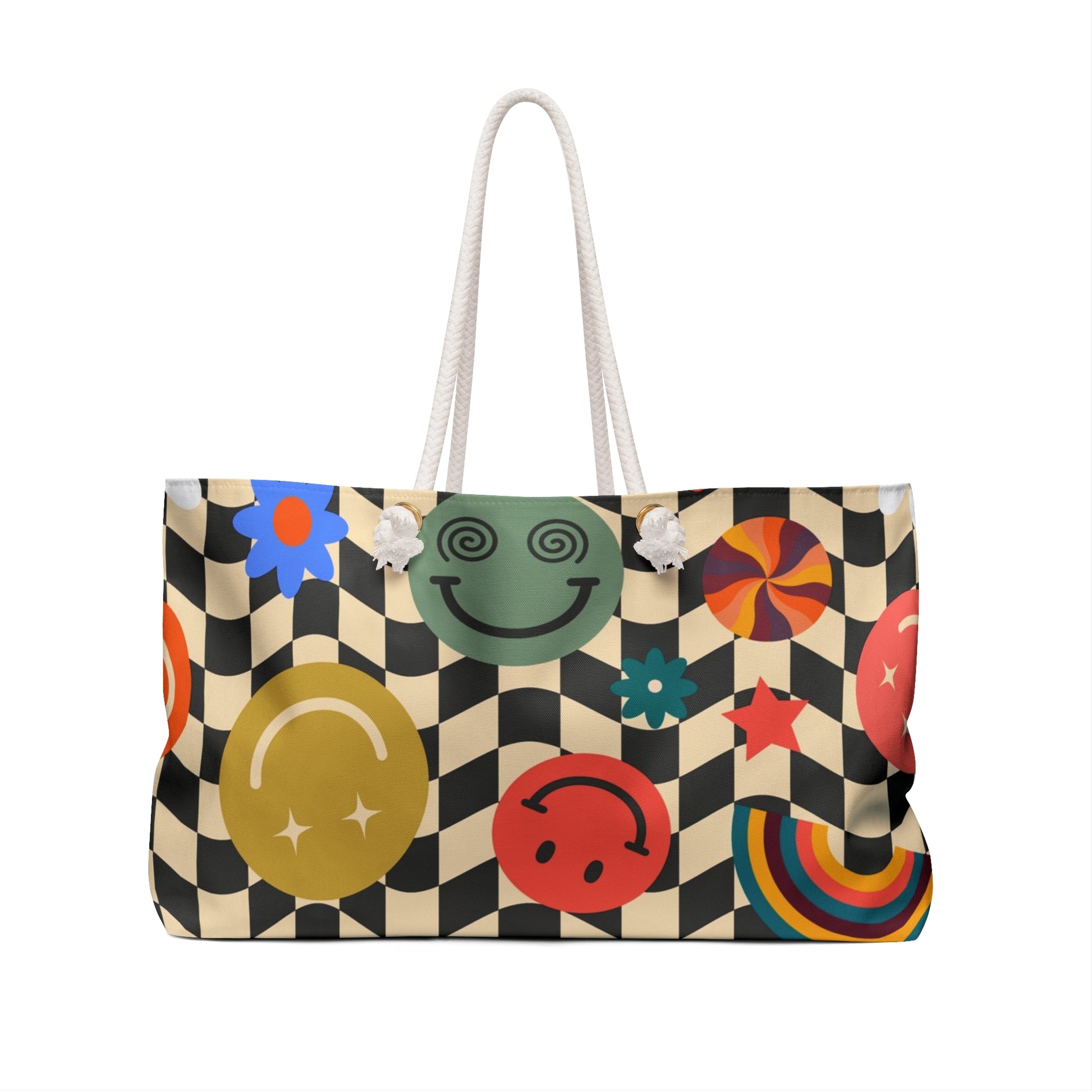 Trippy x Wavy Checkerboard x Smiley Face x Rainbow x Flowers Multi-Color Weekender Bag, Artsulli - Art is Long, Life is Short, Bags, , , , , , , 