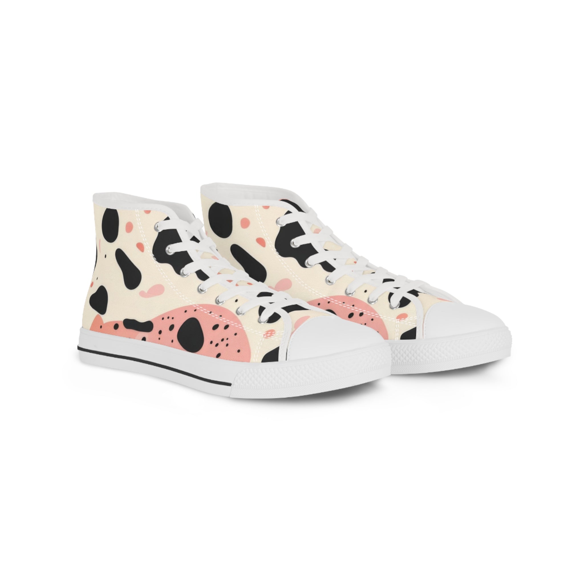 Organic Cow Print Cream and Pink Men's High Top Sneakers, Artsulli - Art is Long, Life is Short, Shoes, Size, US 5, Color, White sole, , , 85250071118513