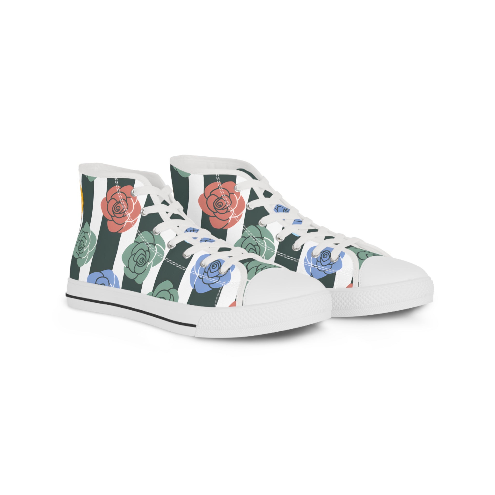 Stripes x Roses Black and White Men's High Top Sneakers, Artsulli - Art is Long, Life is Short, Shoes, Size, US 5, Color, White sole, , , 12639409362249276075