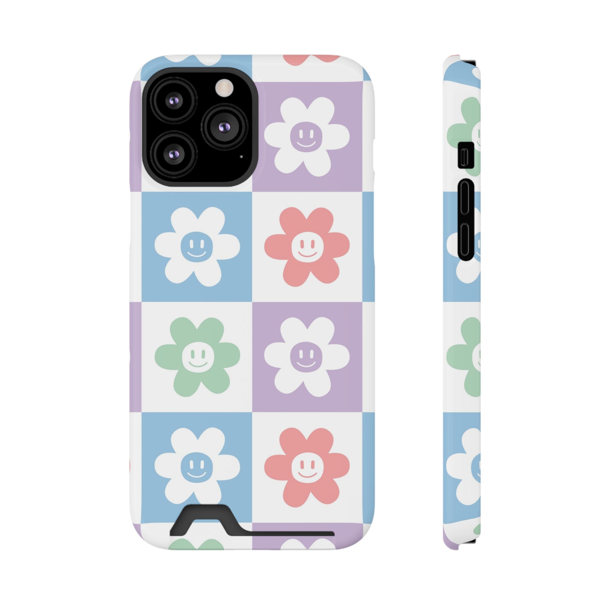 Chessboard x Smiley Face Flowers Multi-Color Phone Case With Card Holder, Artsulli - Art is Long, Life is Short, Phone Case, Size, iPhone 13 Pro Max, Surface, Glossy, Shape, Without gift packaging, 28300965811330830155