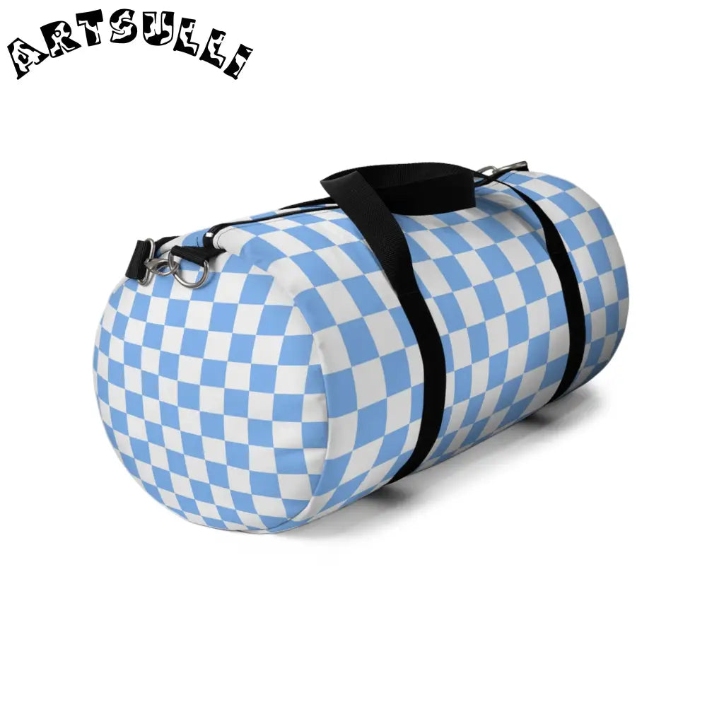 JAKKOUTTHEBXX Checkerboard II White and Light Blue Duffel Bag