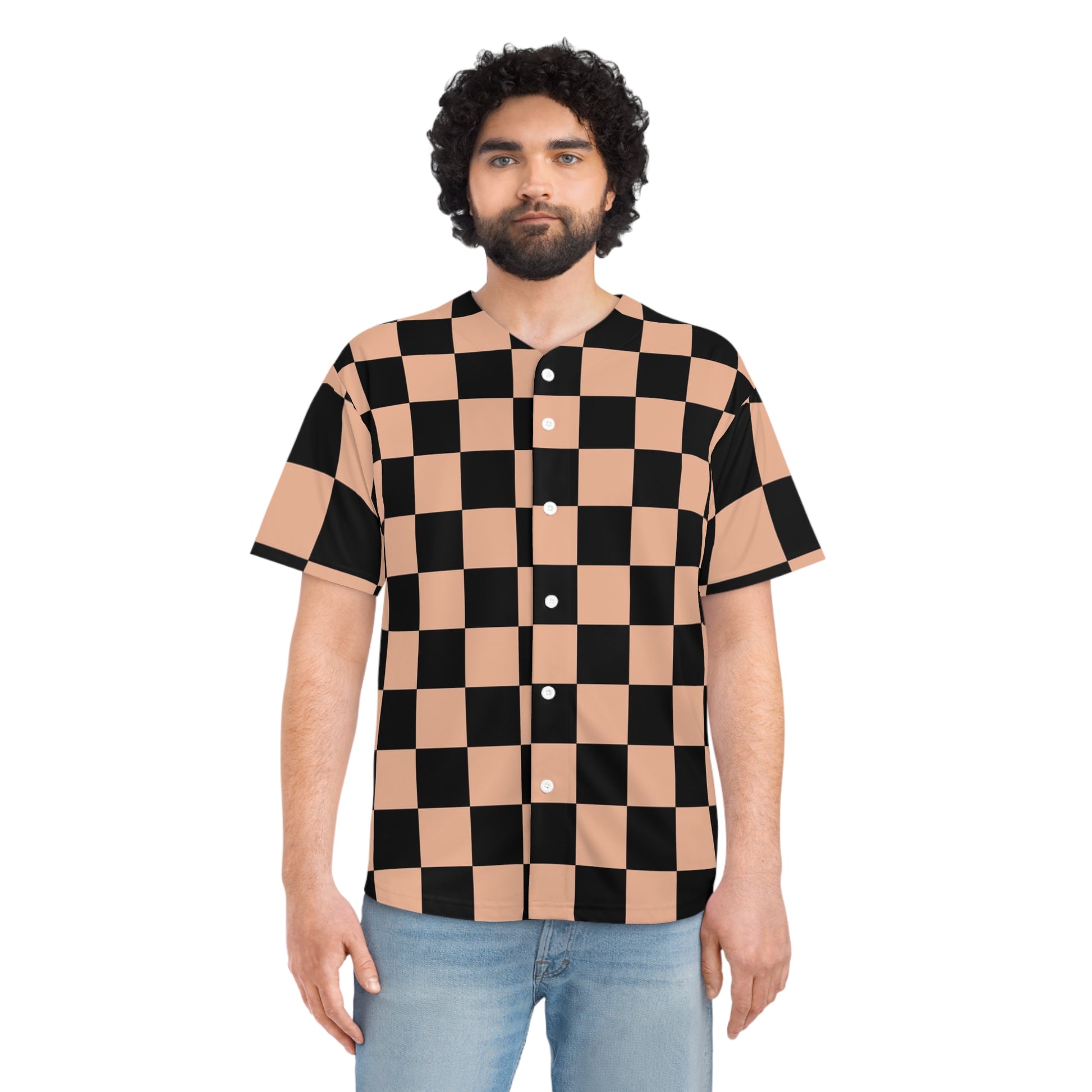 Checkerboard Soft Orange and Black Men's Baseball Jersey (AOP), Artsulli - Art is Long, Life is Short, All Over Prints, , , , , , , 