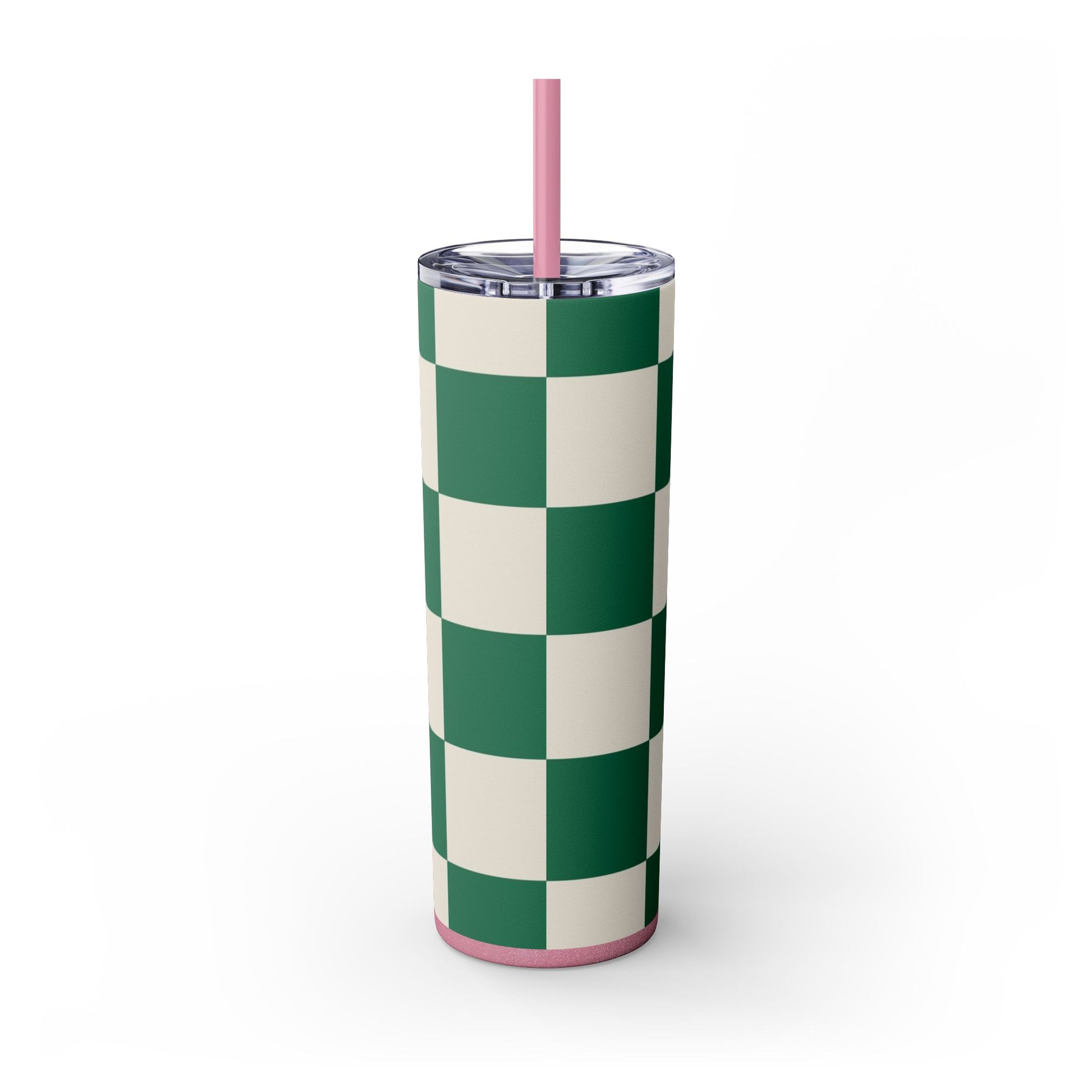 Checkerboard Dark Green Skinny Tumbler with Straw, 20oz, Artsulli - Art is Long, Life is Short, Mug, , , , , , , 