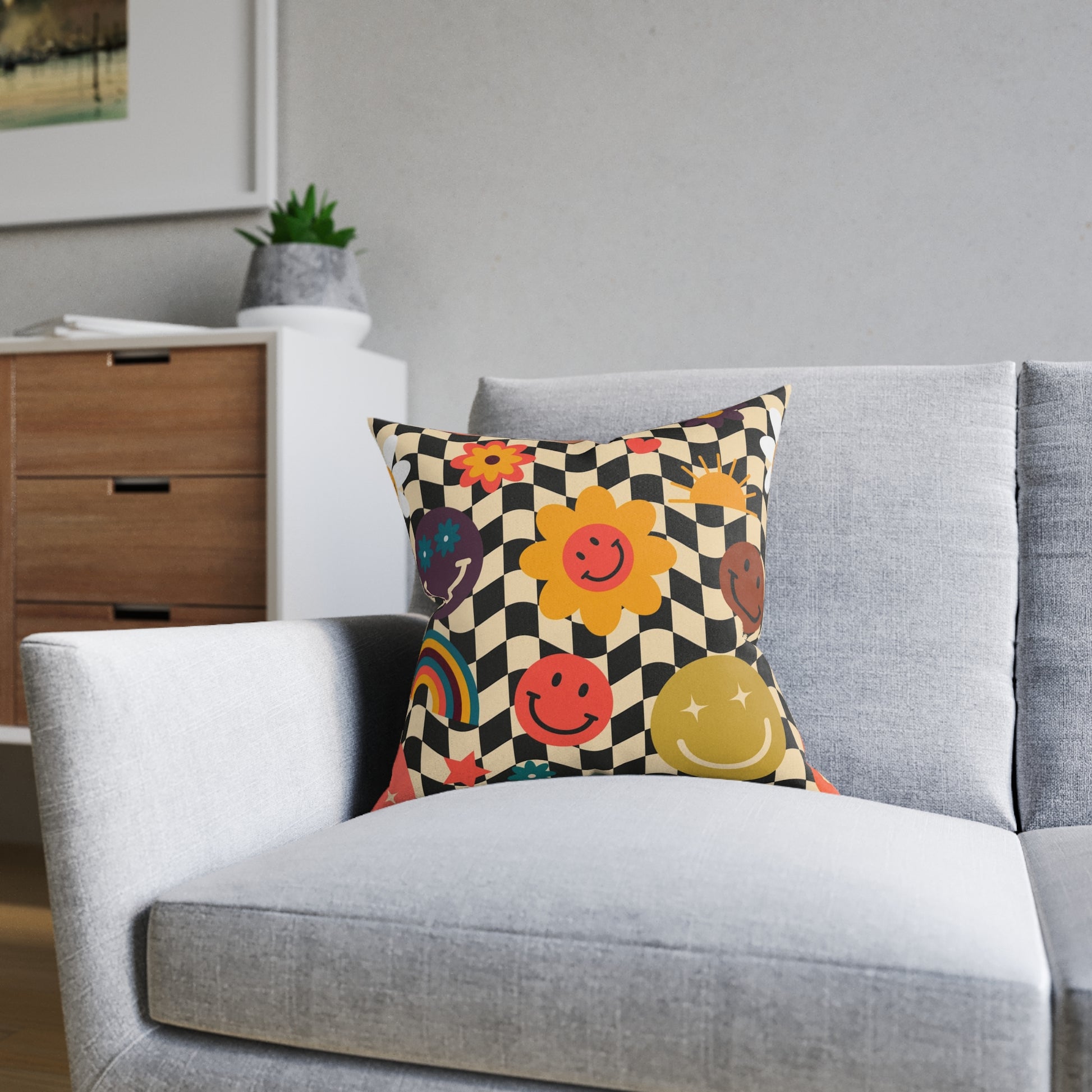 Trippy x Wavy Checkerboard x Smiley Face x Rainbow x Flowers Multi-Color Square Pillow, Artsulli - Art is Long, Life is Short, Home Decor, , , , , , , 