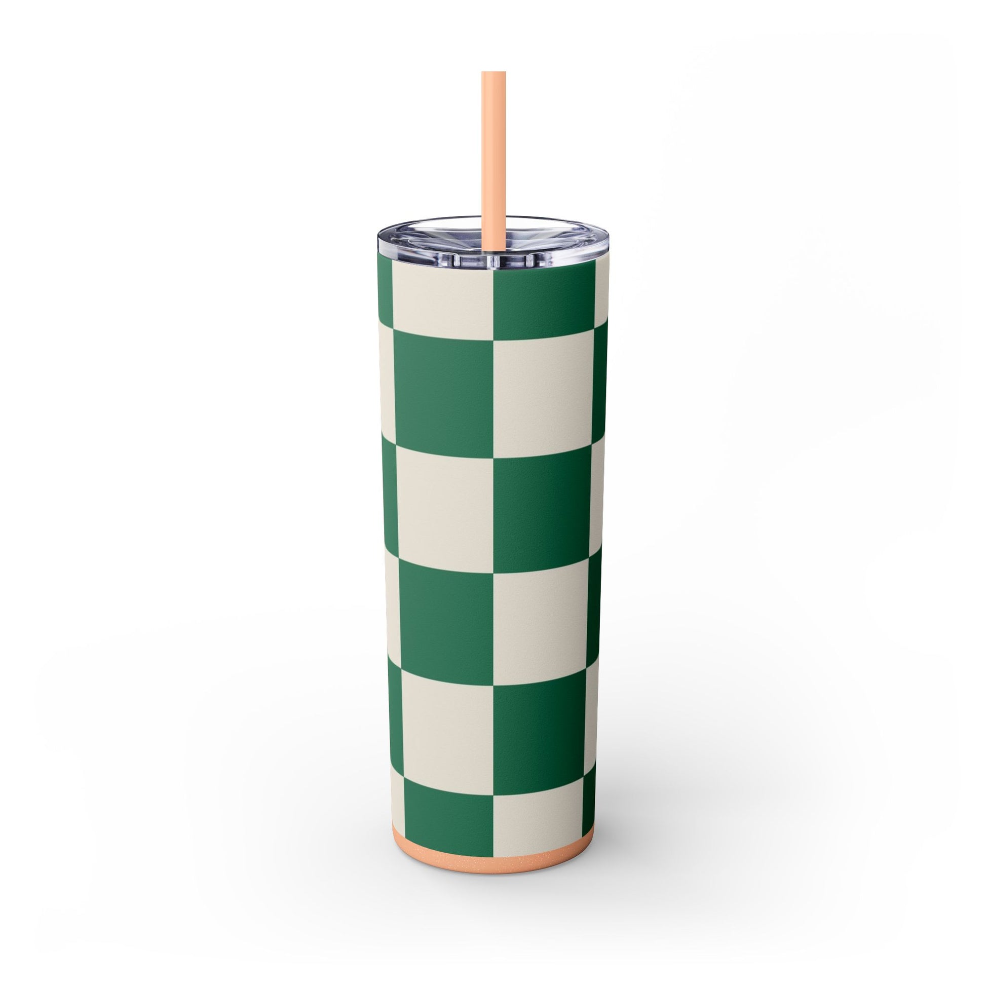 Checkerboard Dark Green Skinny Tumbler with Straw, 20oz, Artsulli - Art is Long, Life is Short, Mug, , , , , , , 
