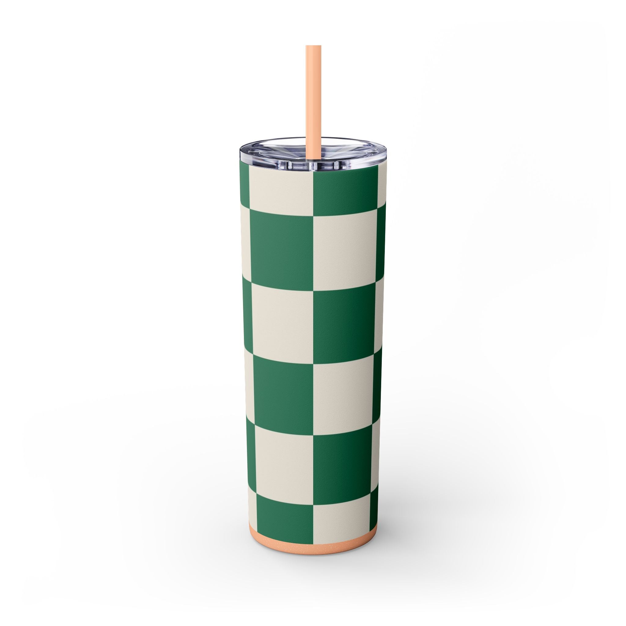 Checkerboard Dark Green Skinny Tumbler with Straw, 20oz, Artsulli - Art is Long, Life is Short, Mug, , , , , , , 