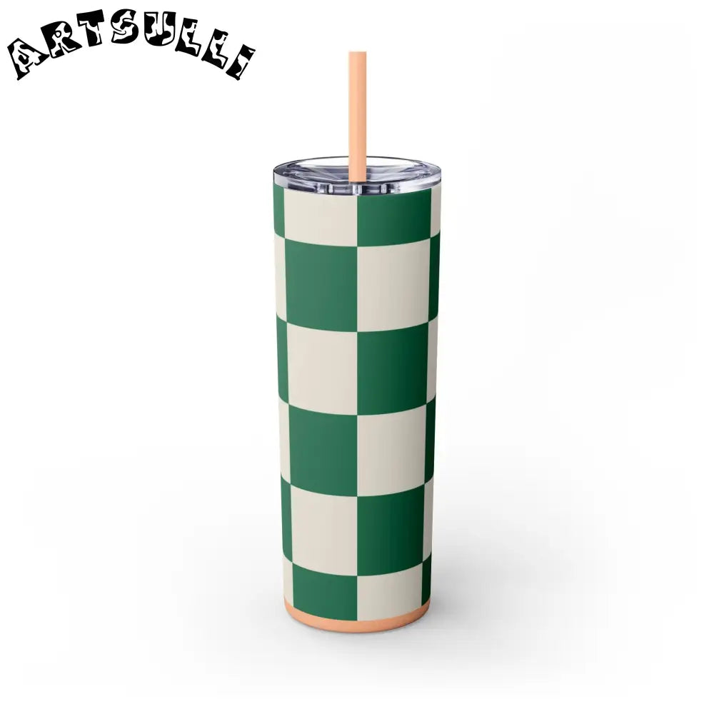JAKKOUTTHEBXX Checkerboard Dark Green Skinny Tumbler with Straw 20oz