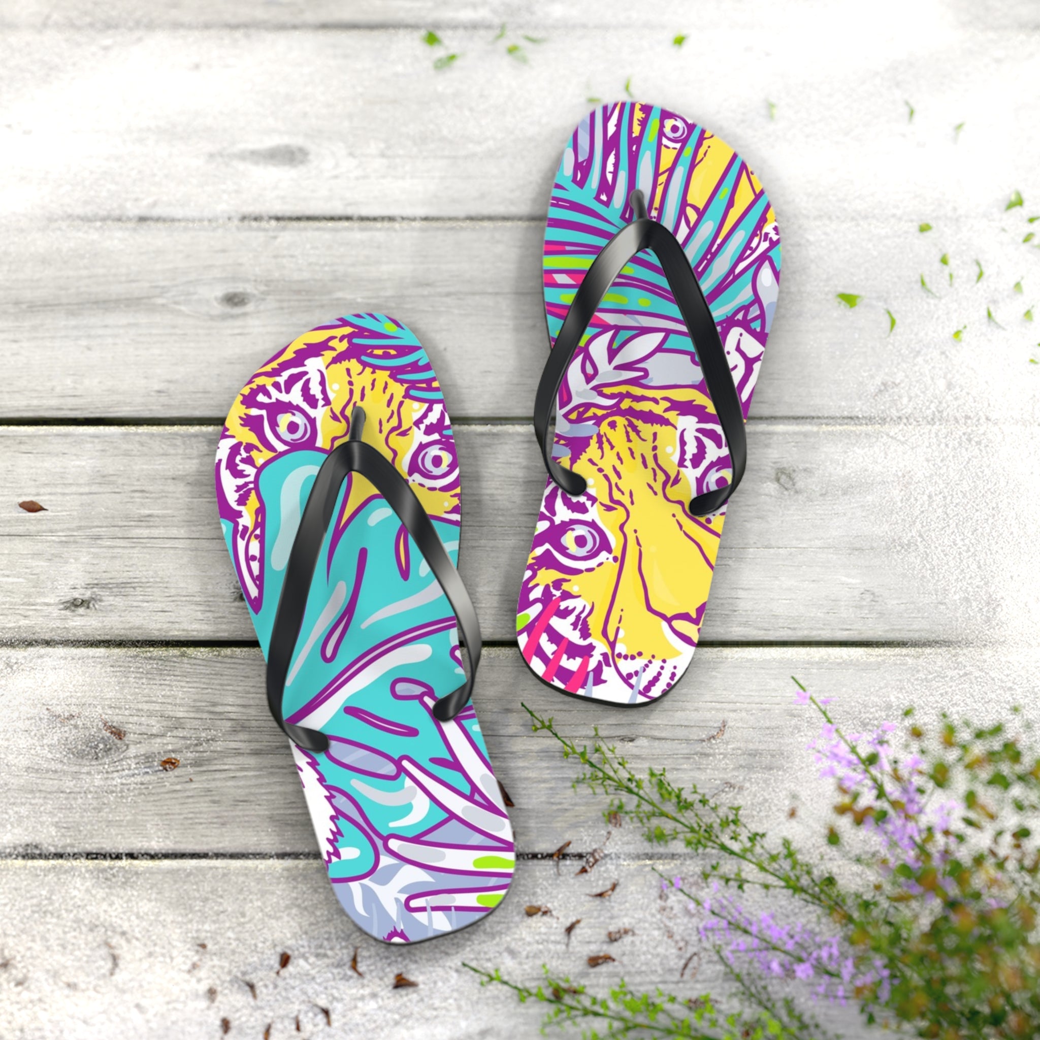 Tropical Floral Tigers Torquise and Purple Flip Flops, Artsulli - Art is Long, Life is Short, Shoes, , , , , , , 