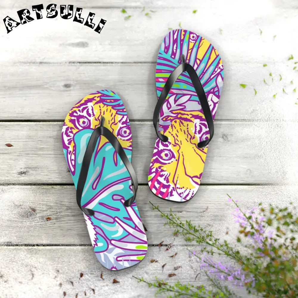 JAKKOUTTHEBXX Tropical Floral Tigers Torquise and Purple Flip Flops