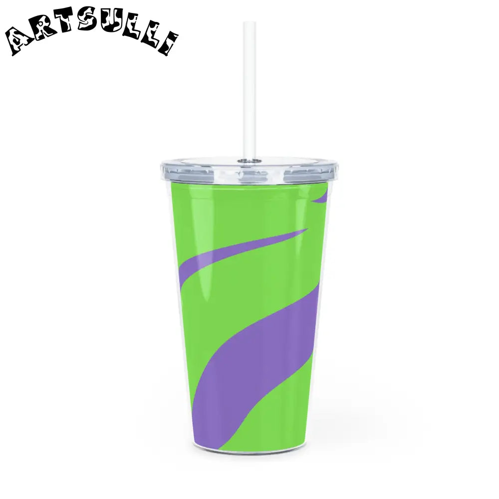 JAKKOUTTHEBXX Tyrannosaurus Print Green and Purple Plastic Tumbler