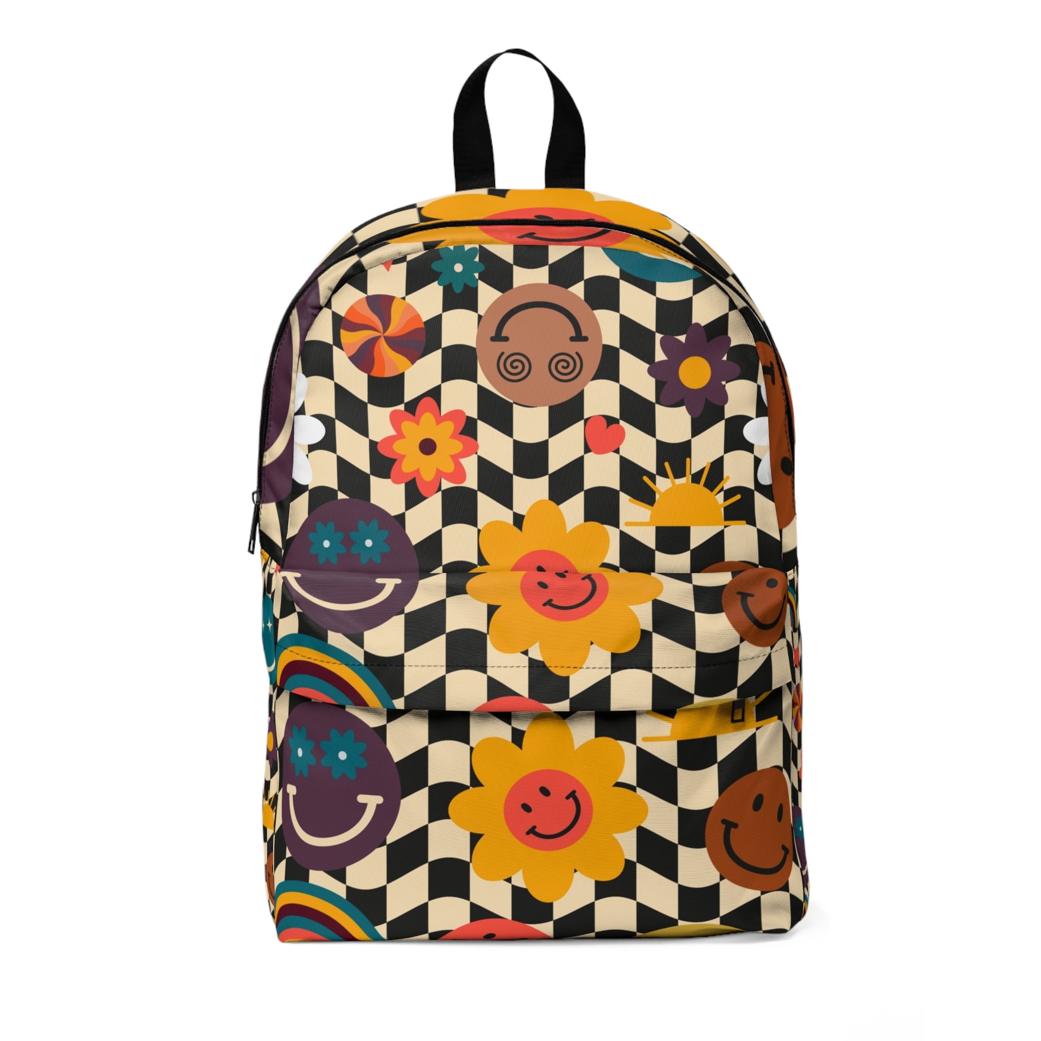 Trippy x Wavy Checkerboard x Smiley Face x Rainbow x Flowers Multi-Color Unisex Classic Backpack, Artsulli - Art is Long, Life is Short, Bags, Size, One size, , , , , 19246721161874809562